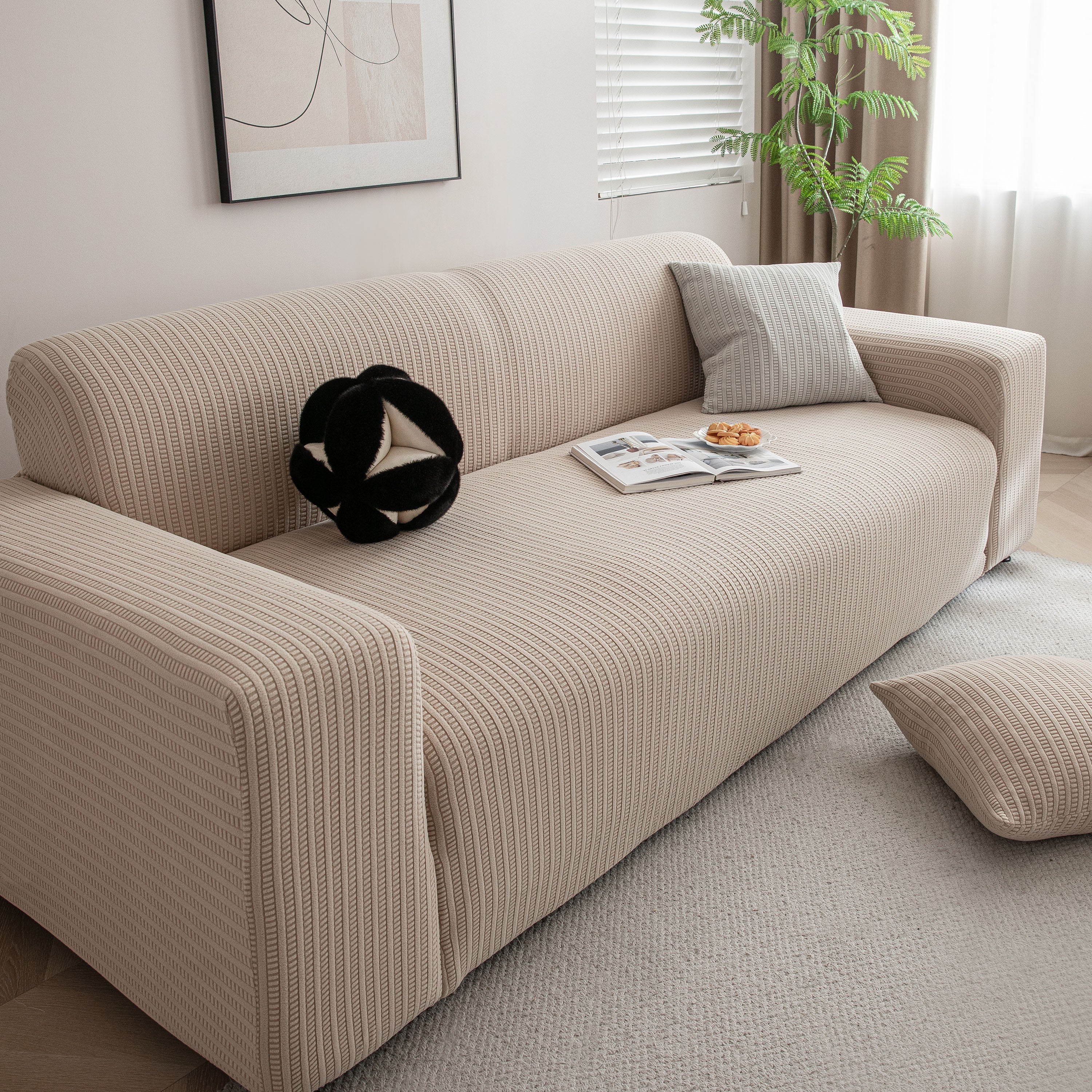 3d Grid Jacquard Sofa Cover, High Stretch Plush Waffle Couch Slipcover With Tie Straps