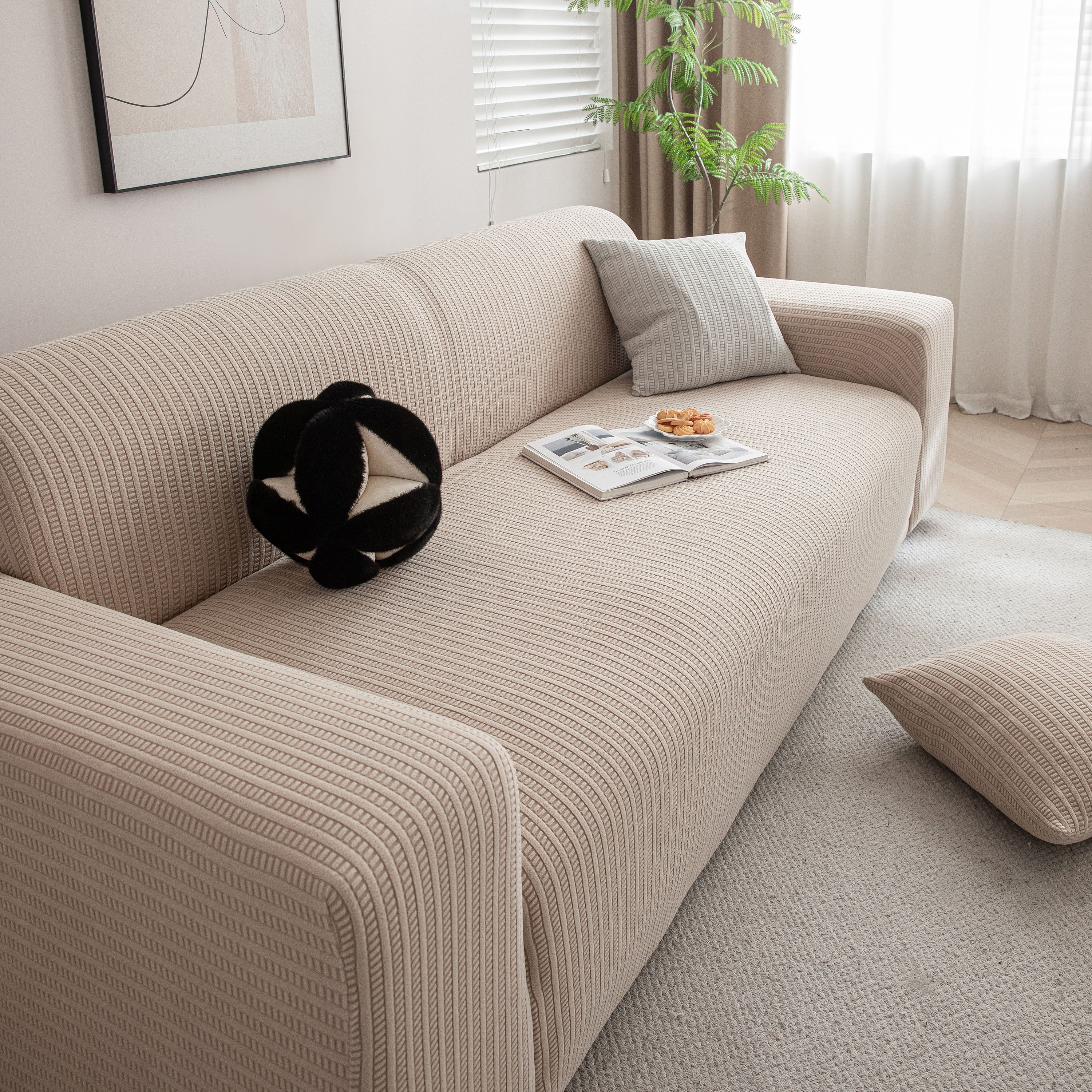 3d Grid Jacquard Sofa Cover, High Stretch Plush Waffle Couch Slipcover With Tie Straps