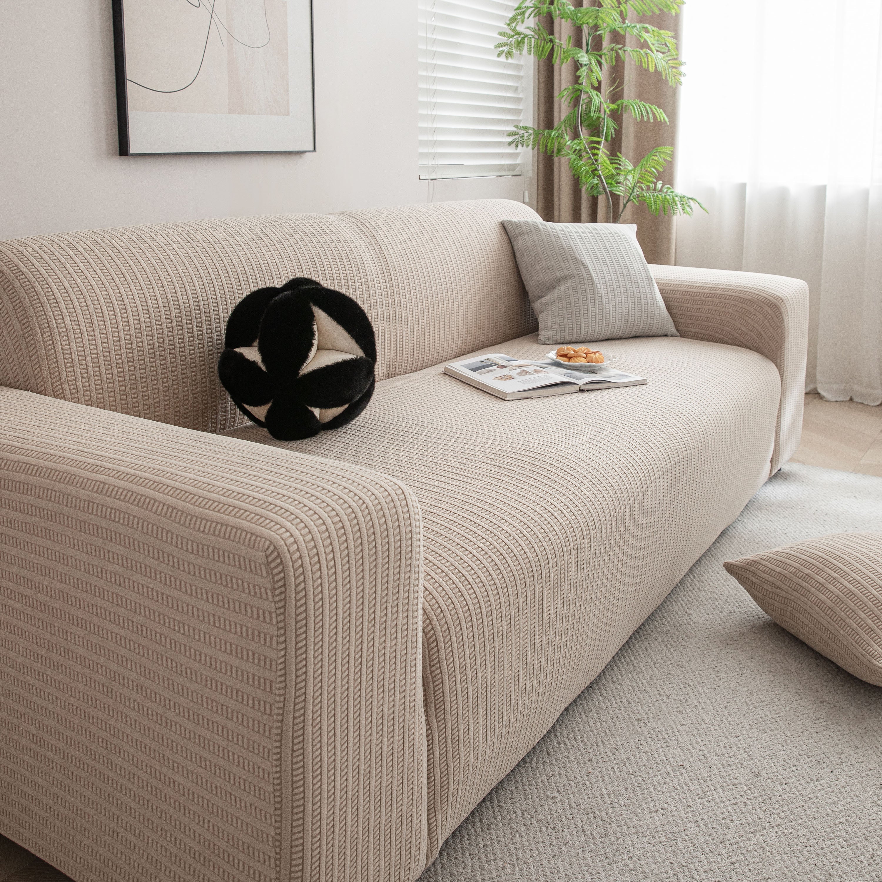 3d Grid Jacquard Sofa Cover, High Stretch Plush Waffle Couch Slipcover With Tie Straps