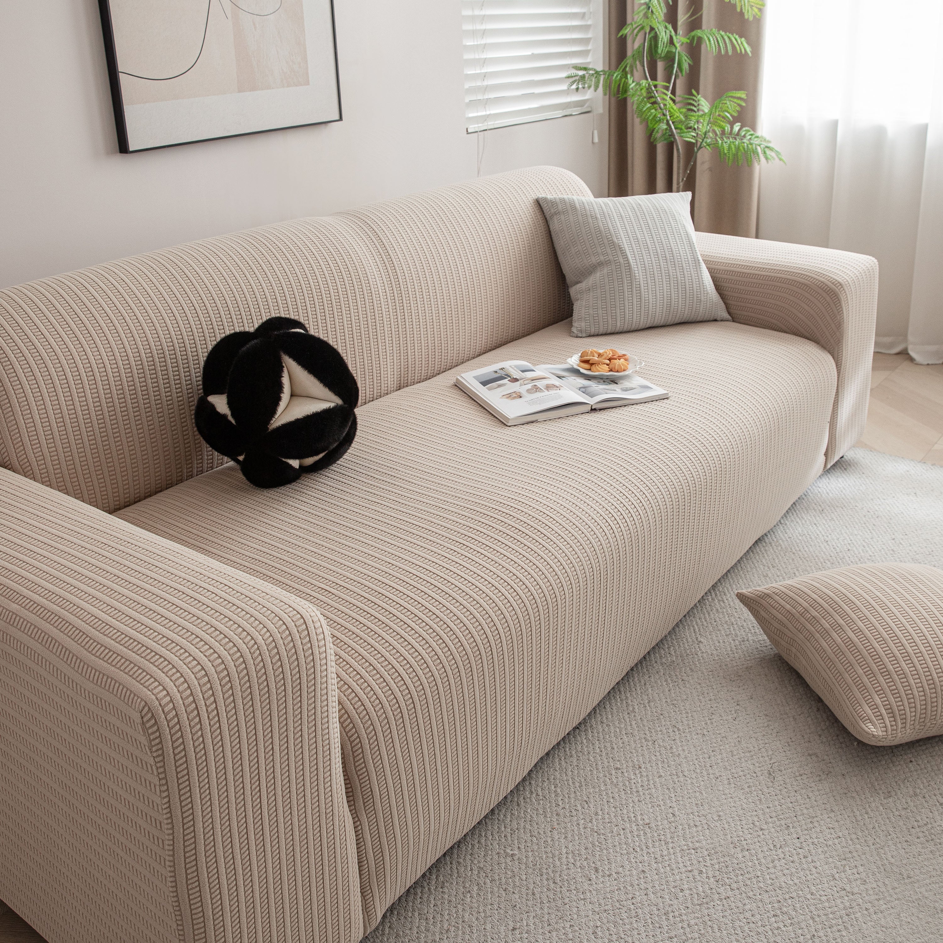3d Grid Jacquard Sofa Cover, High Stretch Plush Waffle Couch Slipcover With Tie Straps