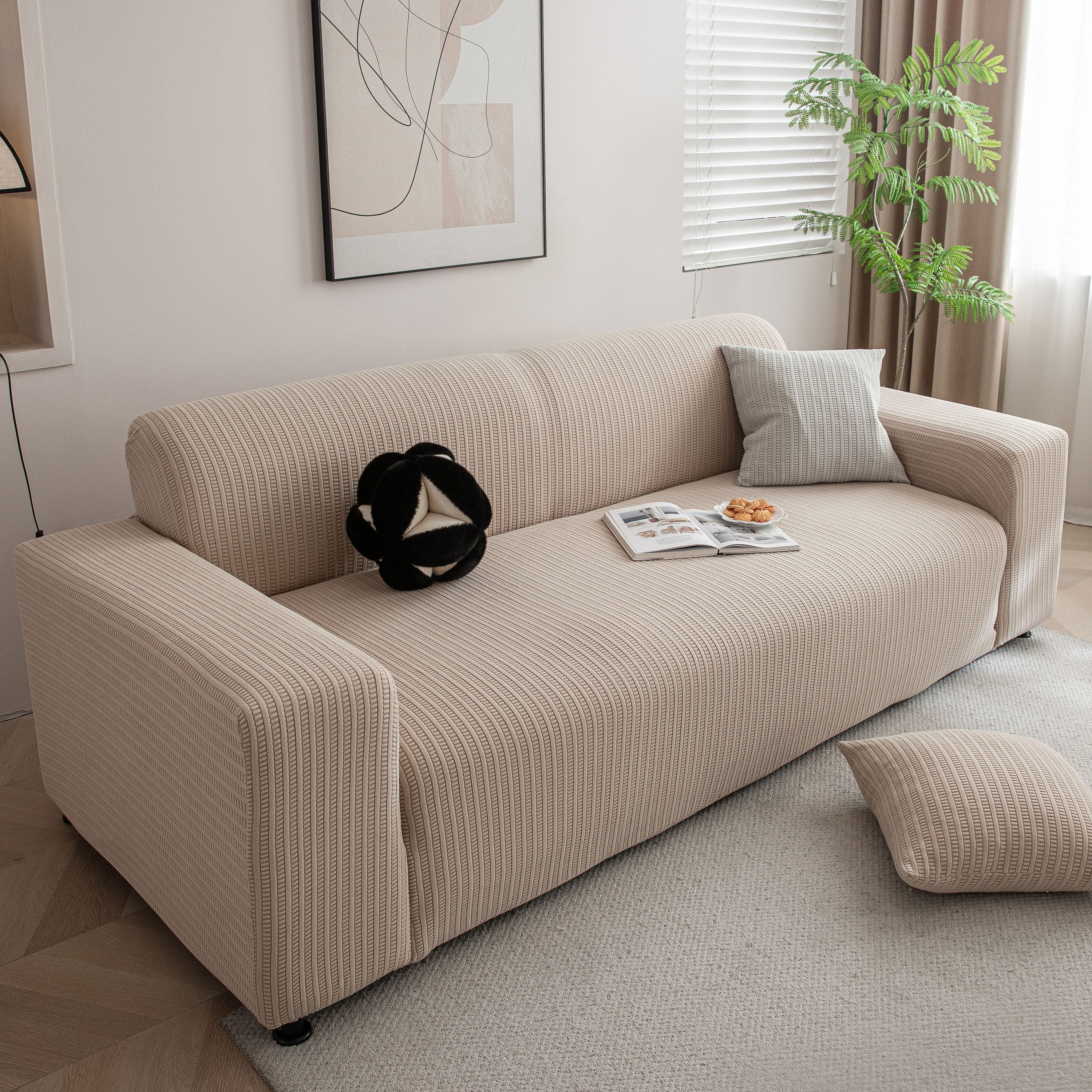 3d Grid Jacquard Sofa Cover, High Stretch Plush Waffle Couch Slipcover With Tie Straps