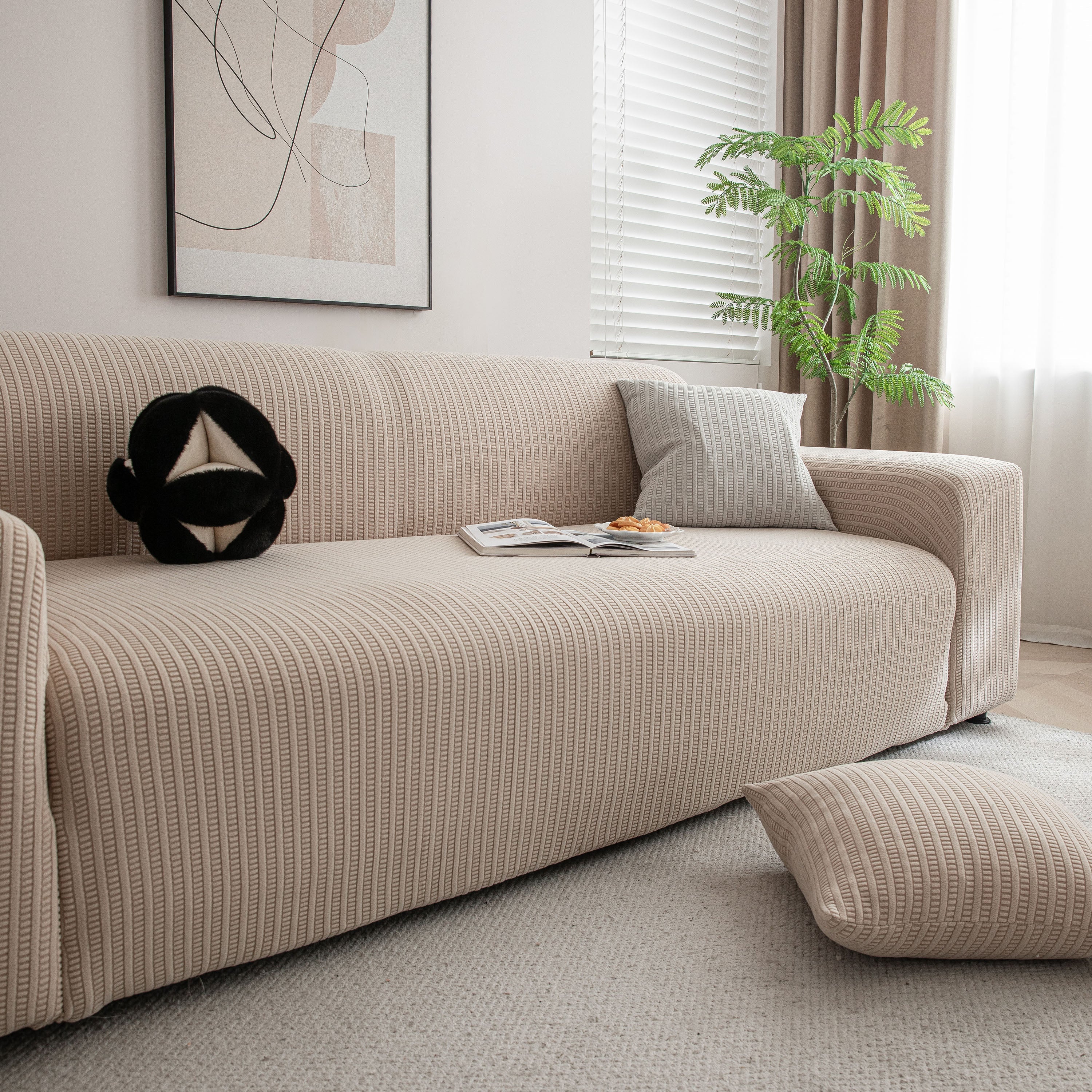 3d Grid Jacquard Sofa Cover, High Stretch Plush Waffle Couch Slipcover With Tie Straps