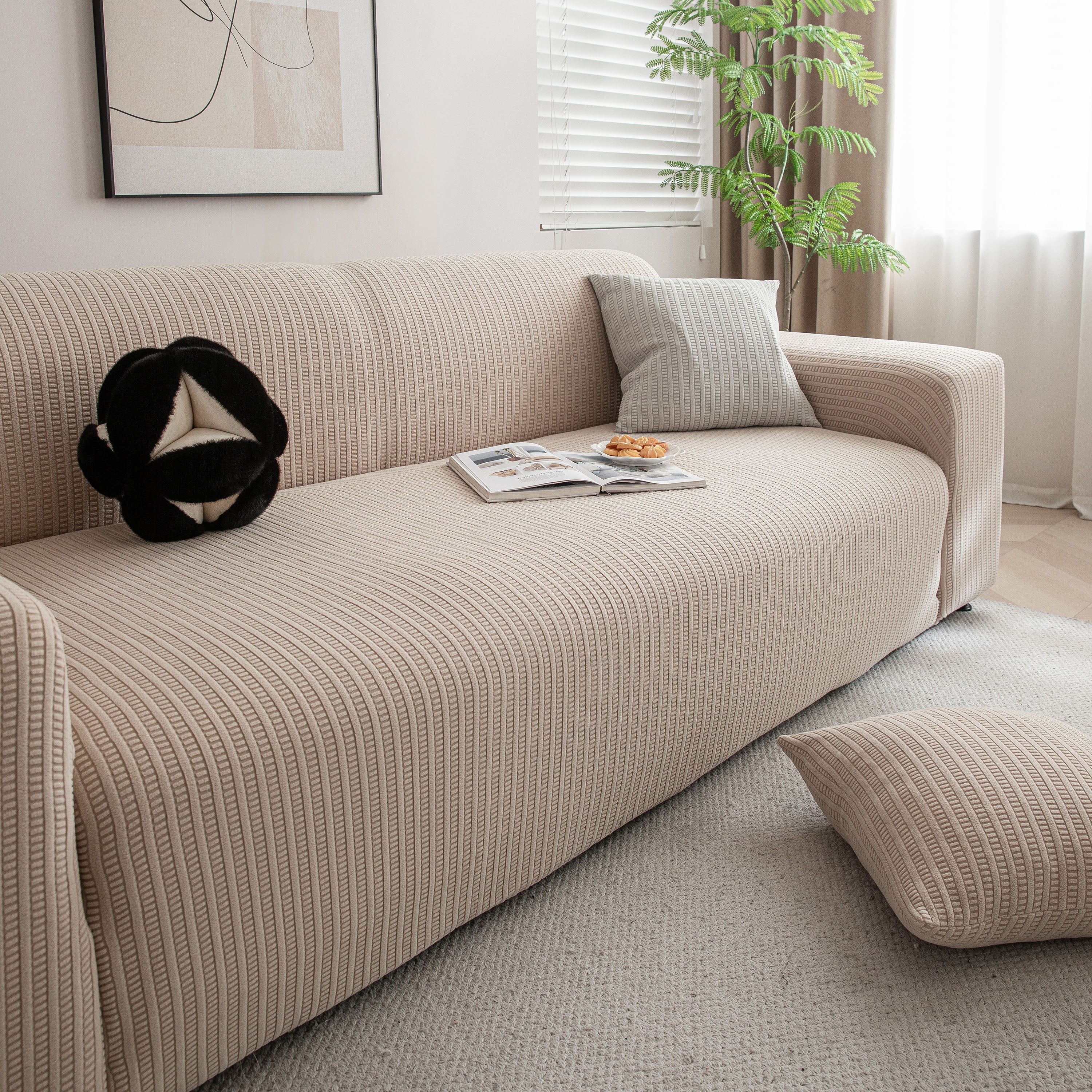3d Grid Jacquard Sofa Cover, High Stretch Plush Waffle Couch Slipcover With Tie Straps