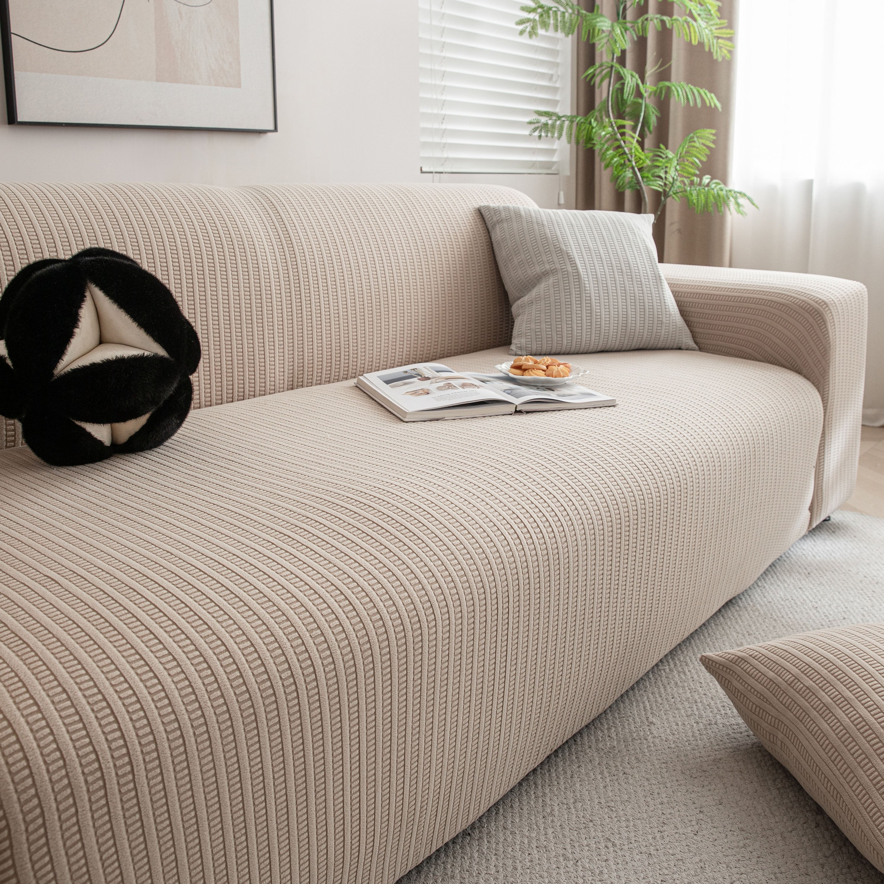 3d Grid Jacquard Sofa Cover, High Stretch Plush Waffle Couch Slipcover With Tie Straps
