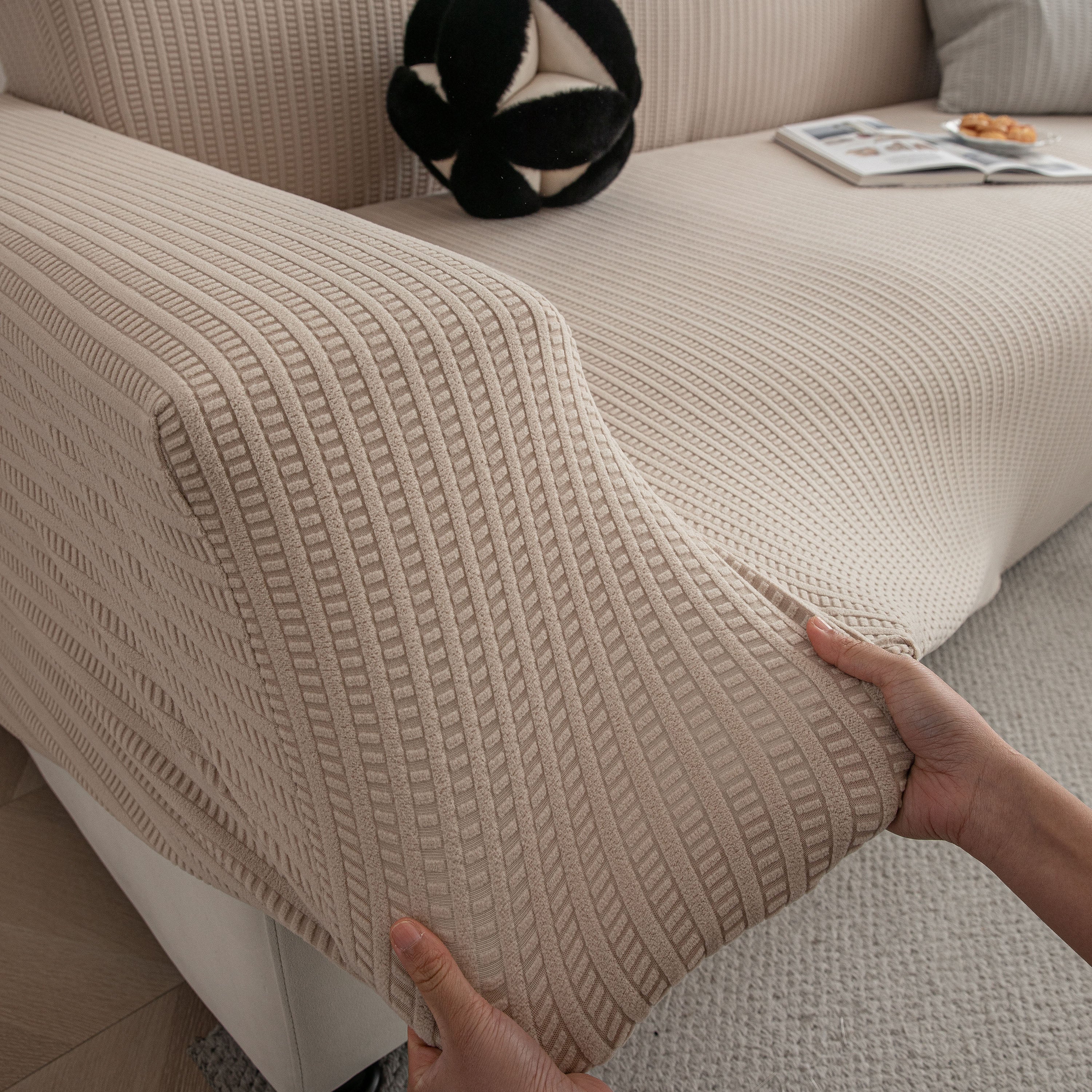 3d Grid Jacquard Sofa Cover, High Stretch Plush Waffle Couch Slipcover With Tie Straps