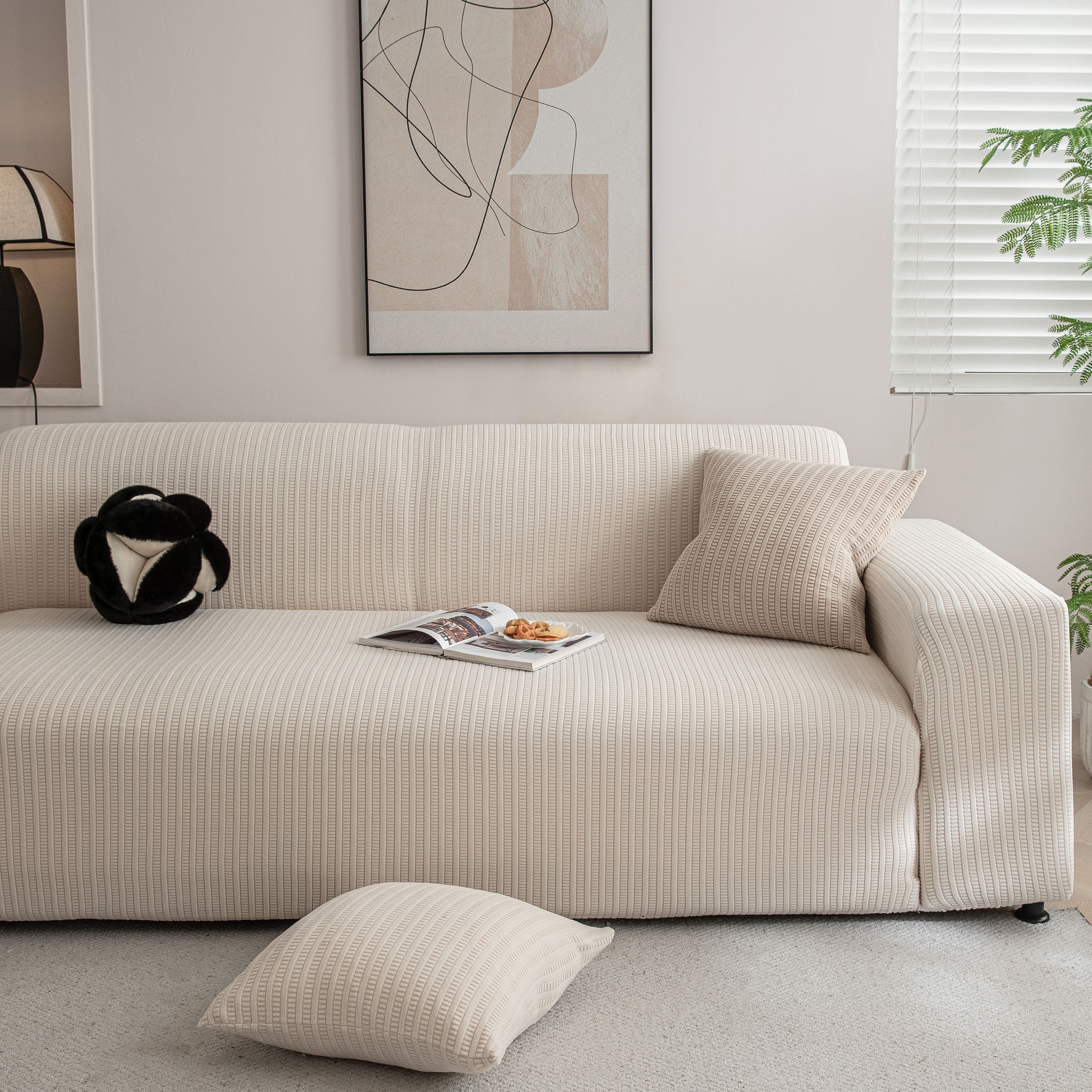 3d Grid Jacquard Sofa Cover, High Stretch Plush Waffle Couch Slipcover With Tie Straps