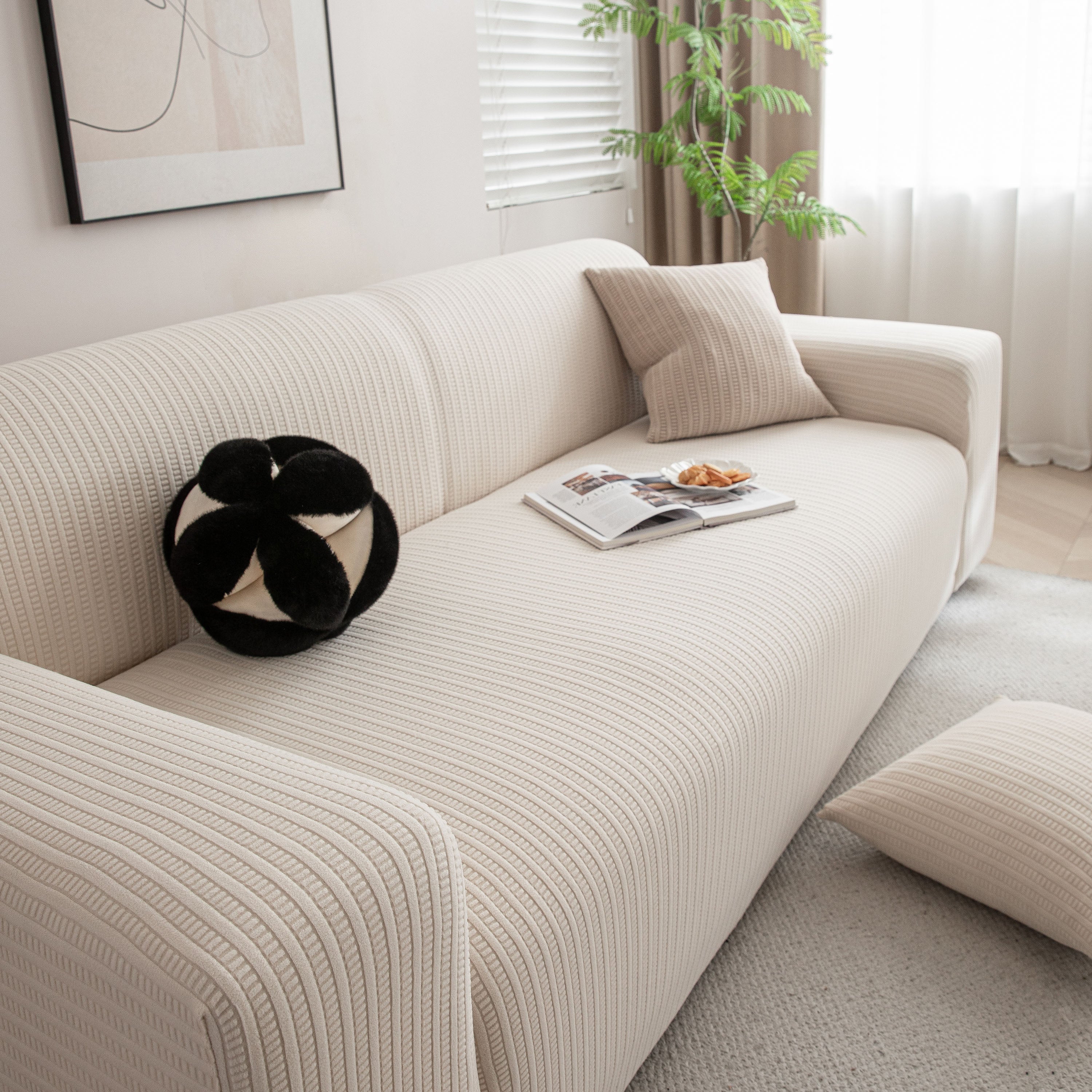 3d Grid Jacquard Sofa Cover, High Stretch Plush Waffle Couch Slipcover With Tie Straps