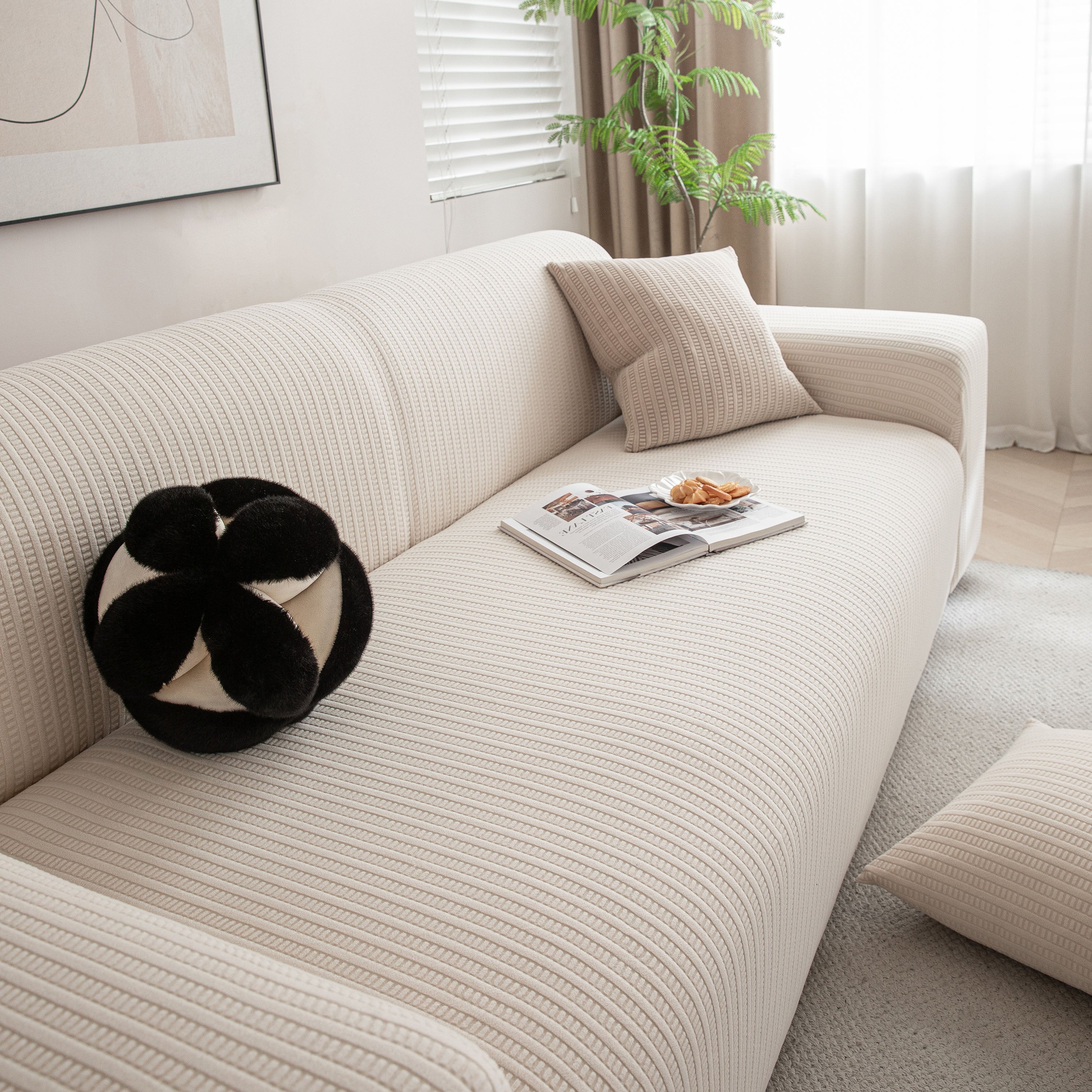 3d Grid Jacquard Sofa Cover, High Stretch Plush Waffle Couch Slipcover With Tie Straps