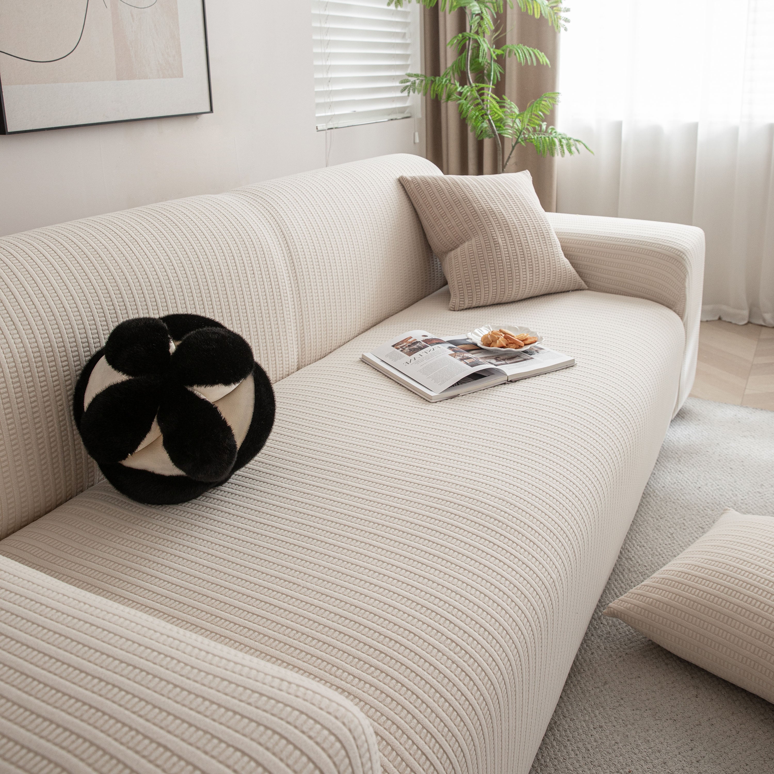 3d Grid Jacquard Sofa Cover, High Stretch Plush Waffle Couch Slipcover With Tie Straps