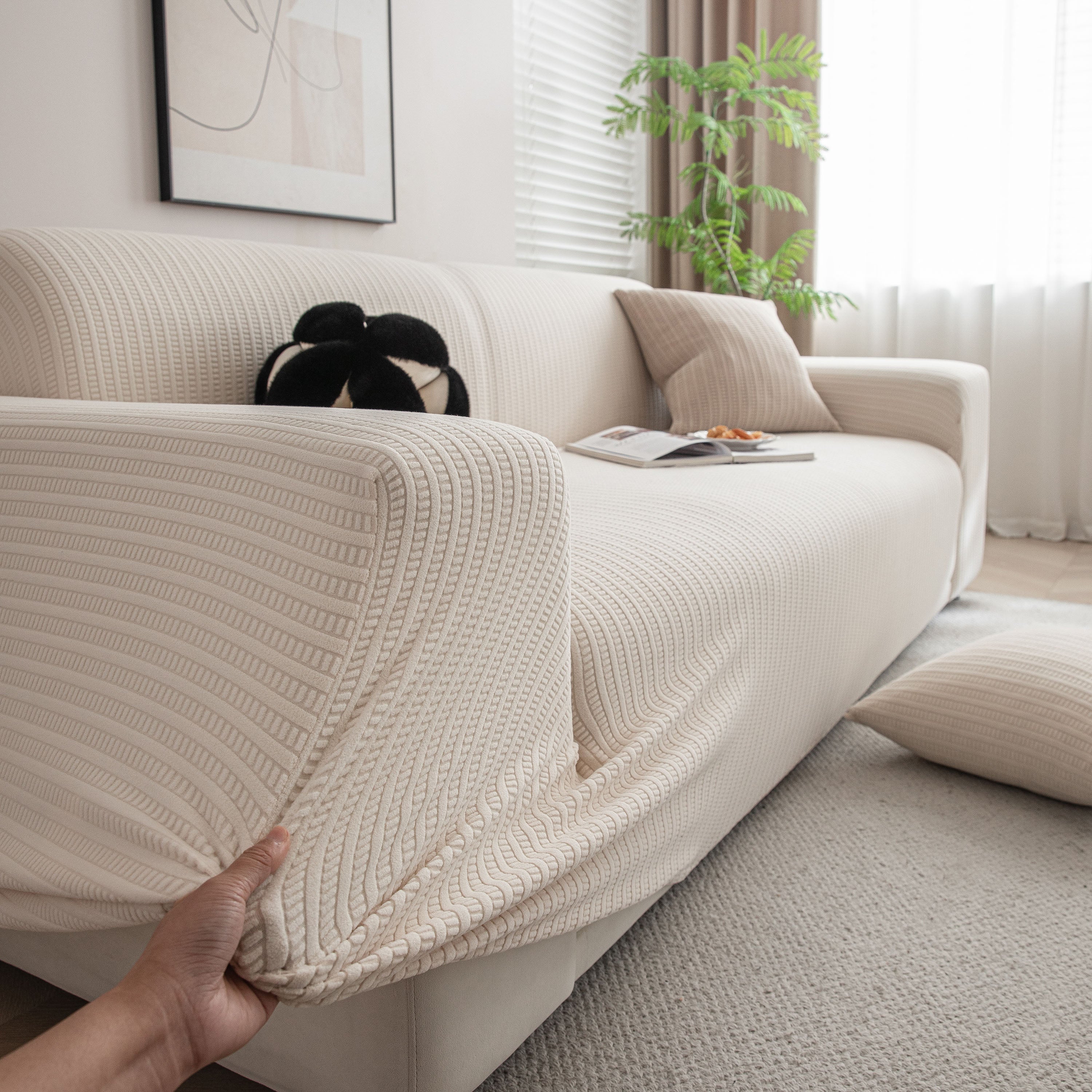 3d Grid Jacquard Sofa Cover, High Stretch Plush Waffle Couch Slipcover With Tie Straps