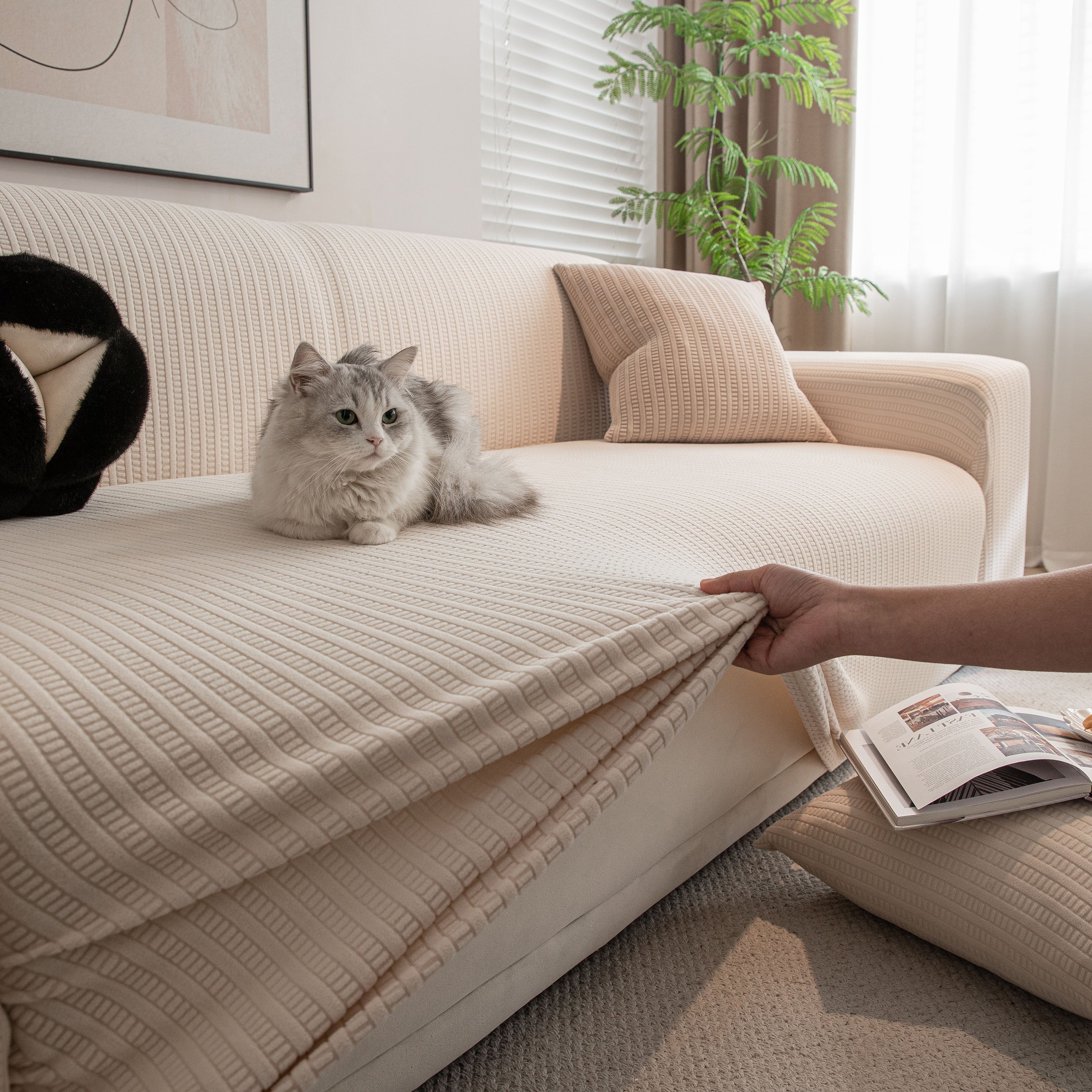 3d Grid Jacquard Sofa Cover, High Stretch Plush Waffle Couch Slipcover With Tie Straps