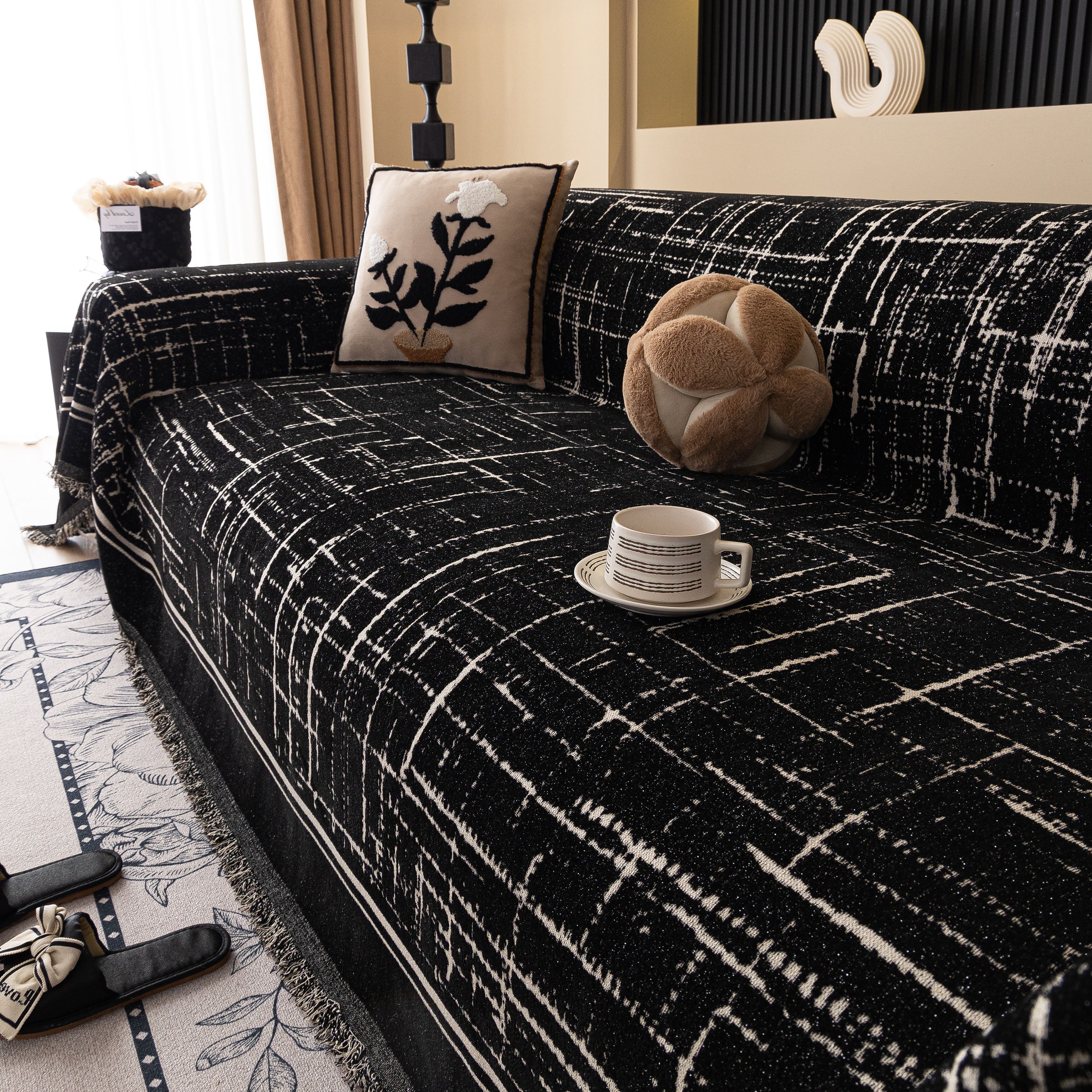 Modern Couch Protector Blanket Woven Chenille Sofa Cover Throw With Artistic Grid