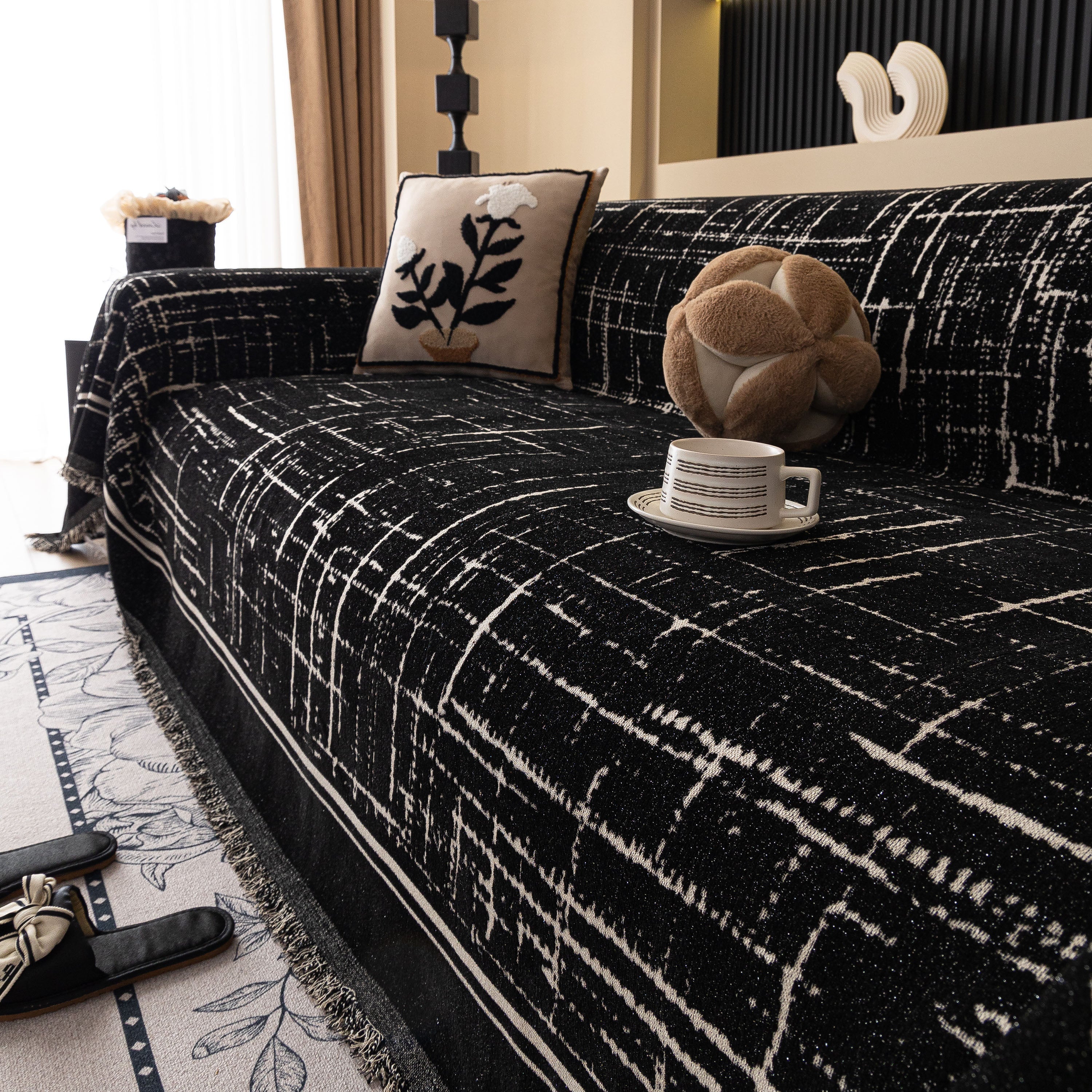 Modern Couch Protector Blanket Woven Chenille Sofa Cover Throw With Artistic Grid