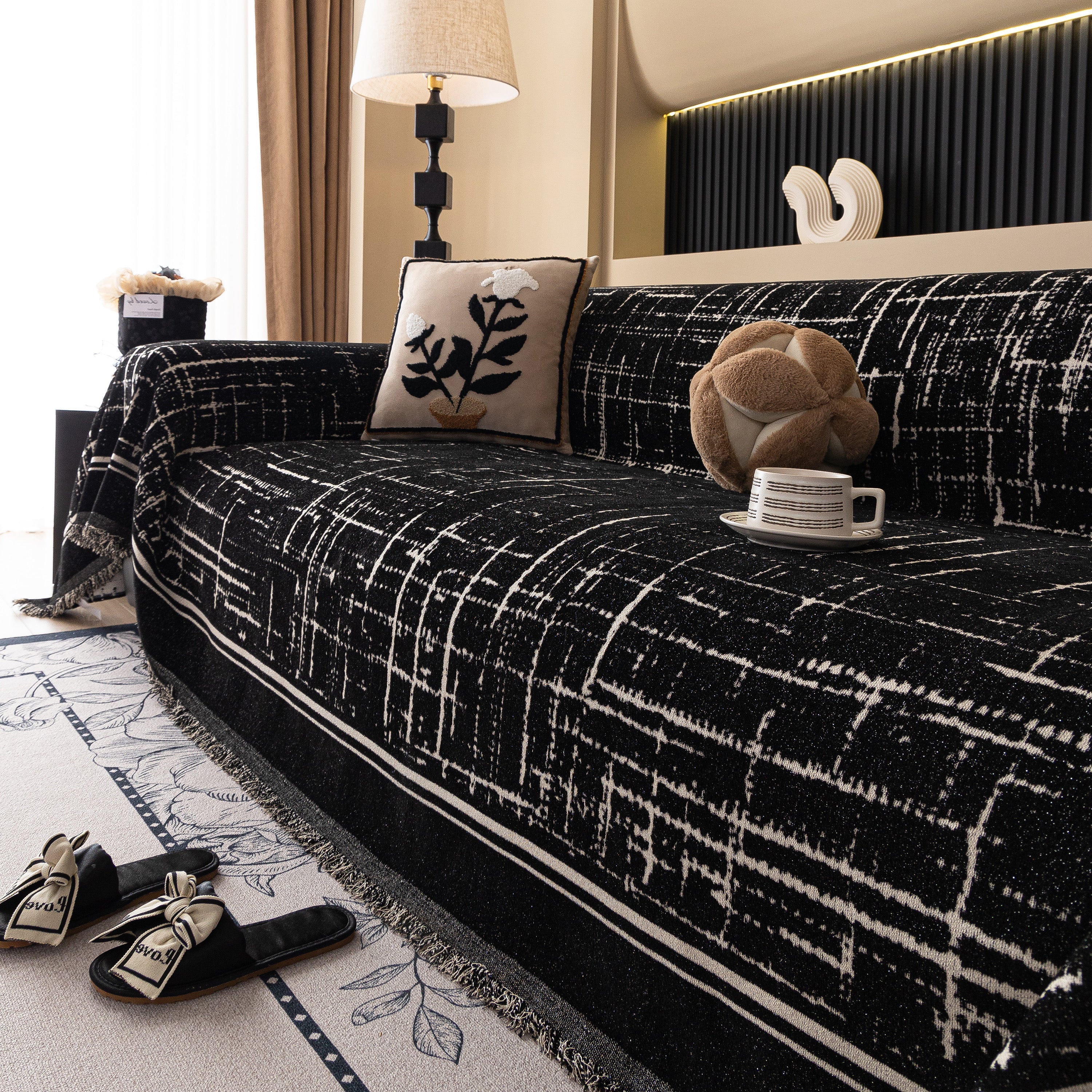 Modern Couch Protector Blanket Woven Chenille Sofa Cover Throw With Artistic Grid