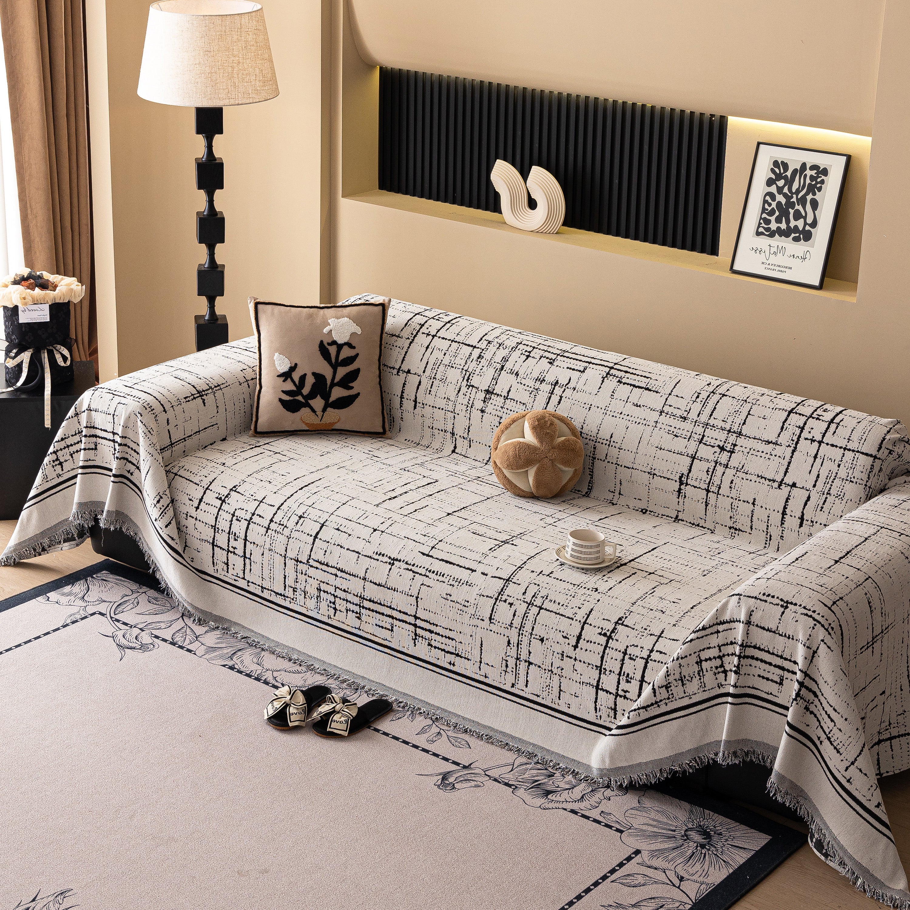 Modern Couch Protector Blanket Woven Chenille Sofa Cover Throw With Artistic Grid