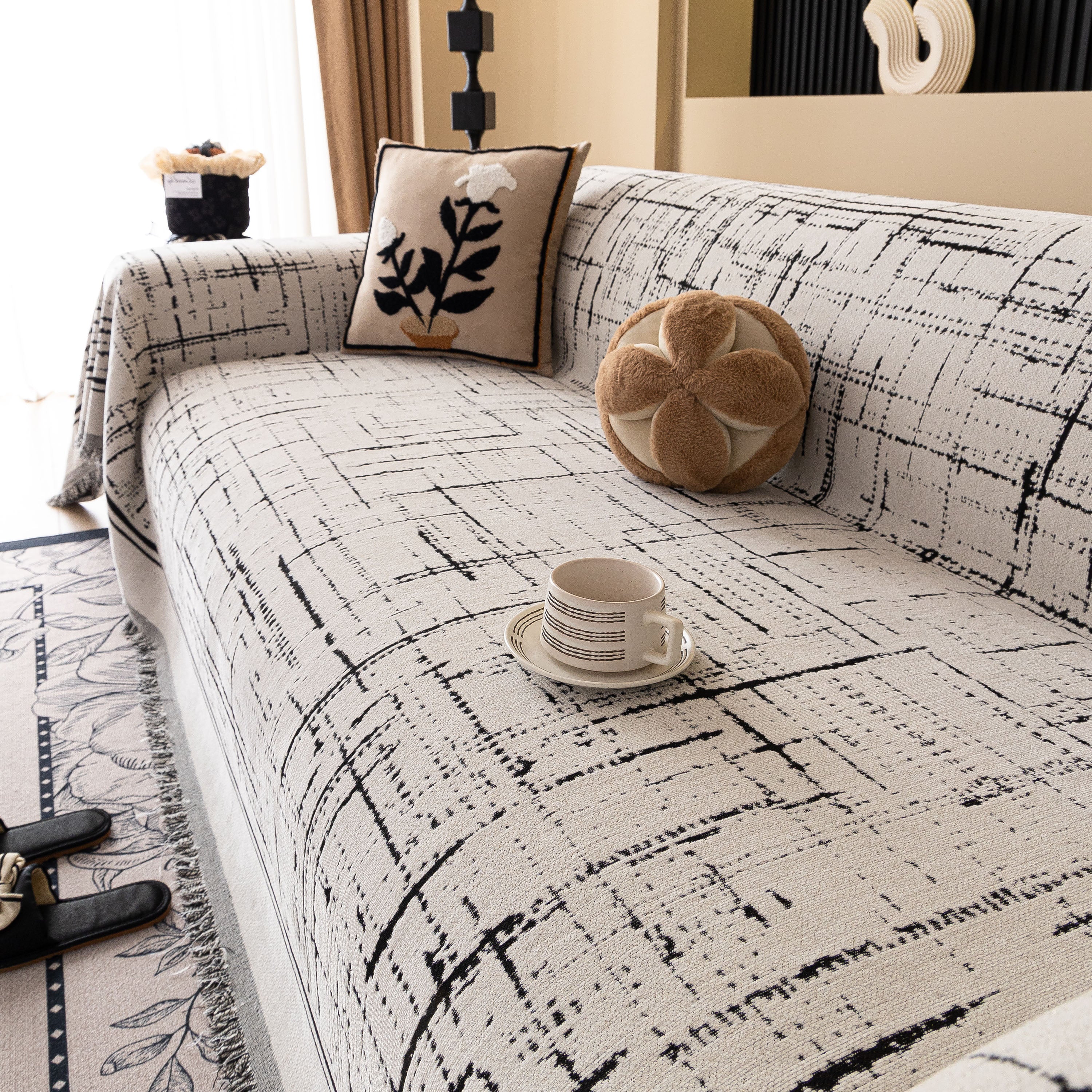 Modern Couch Protector Blanket Woven Chenille Sofa Cover Throw With Artistic Grid