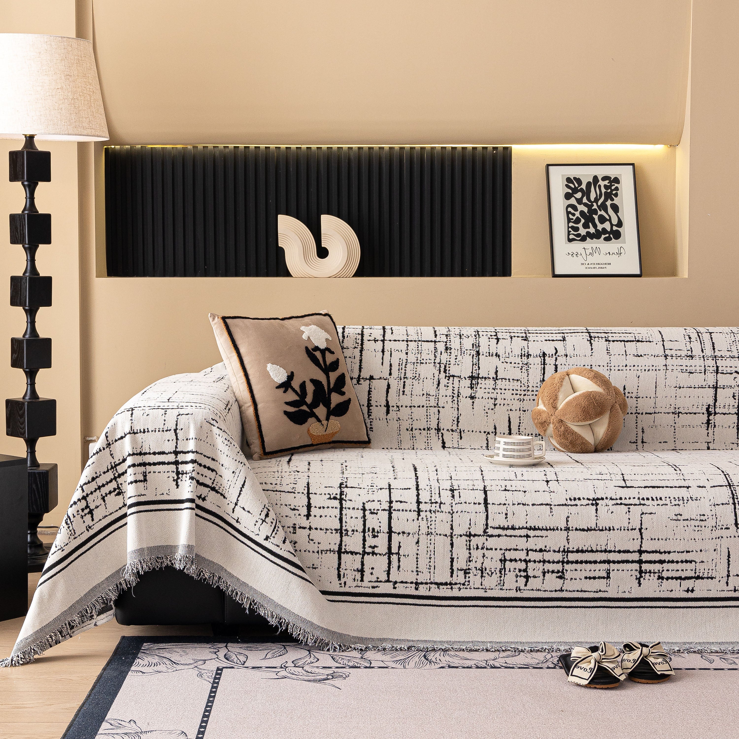 Modern Couch Protector Blanket Woven Chenille Sofa Cover Throw With Artistic Grid