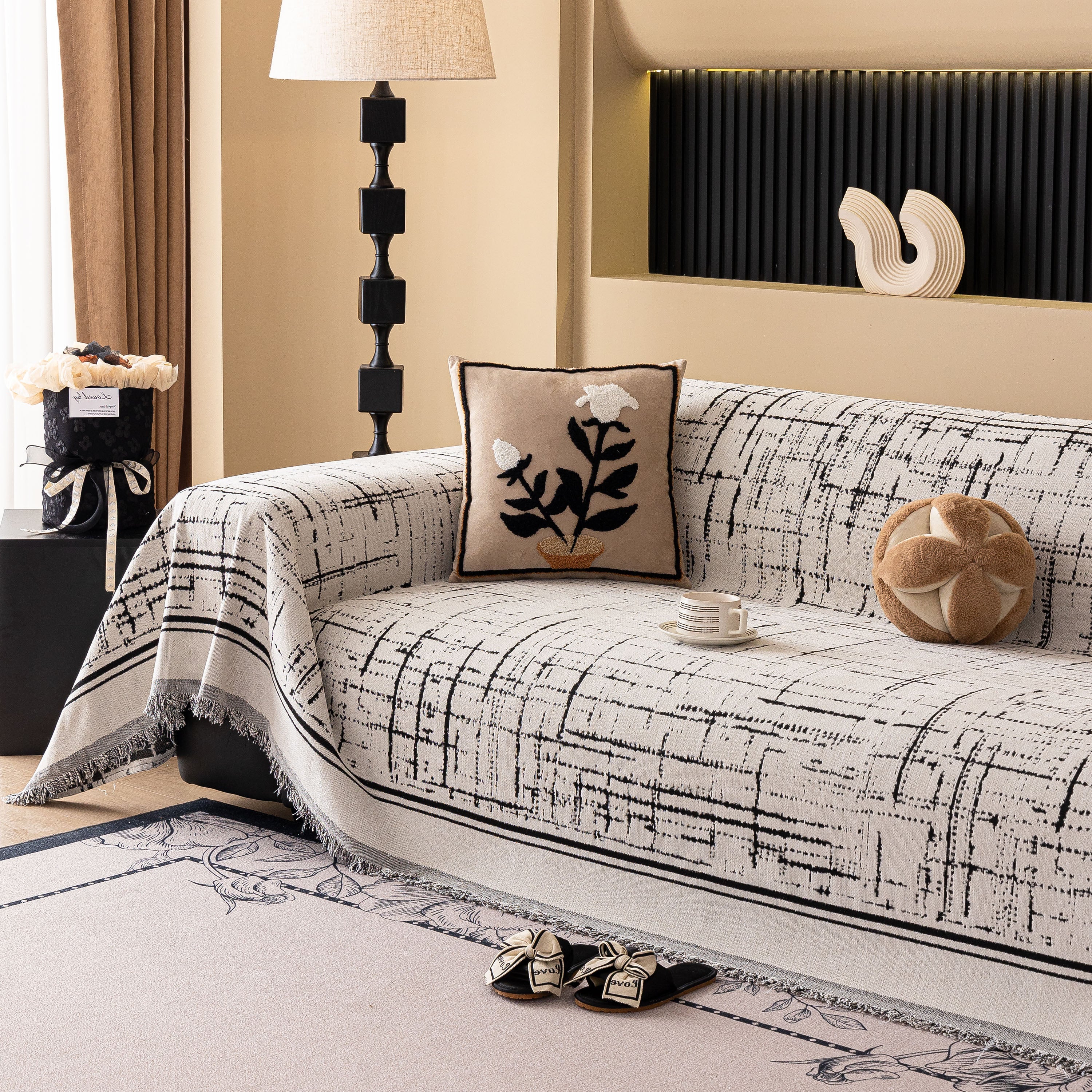Modern Couch Protector Blanket Woven Chenille Sofa Cover Throw With Artistic Grid