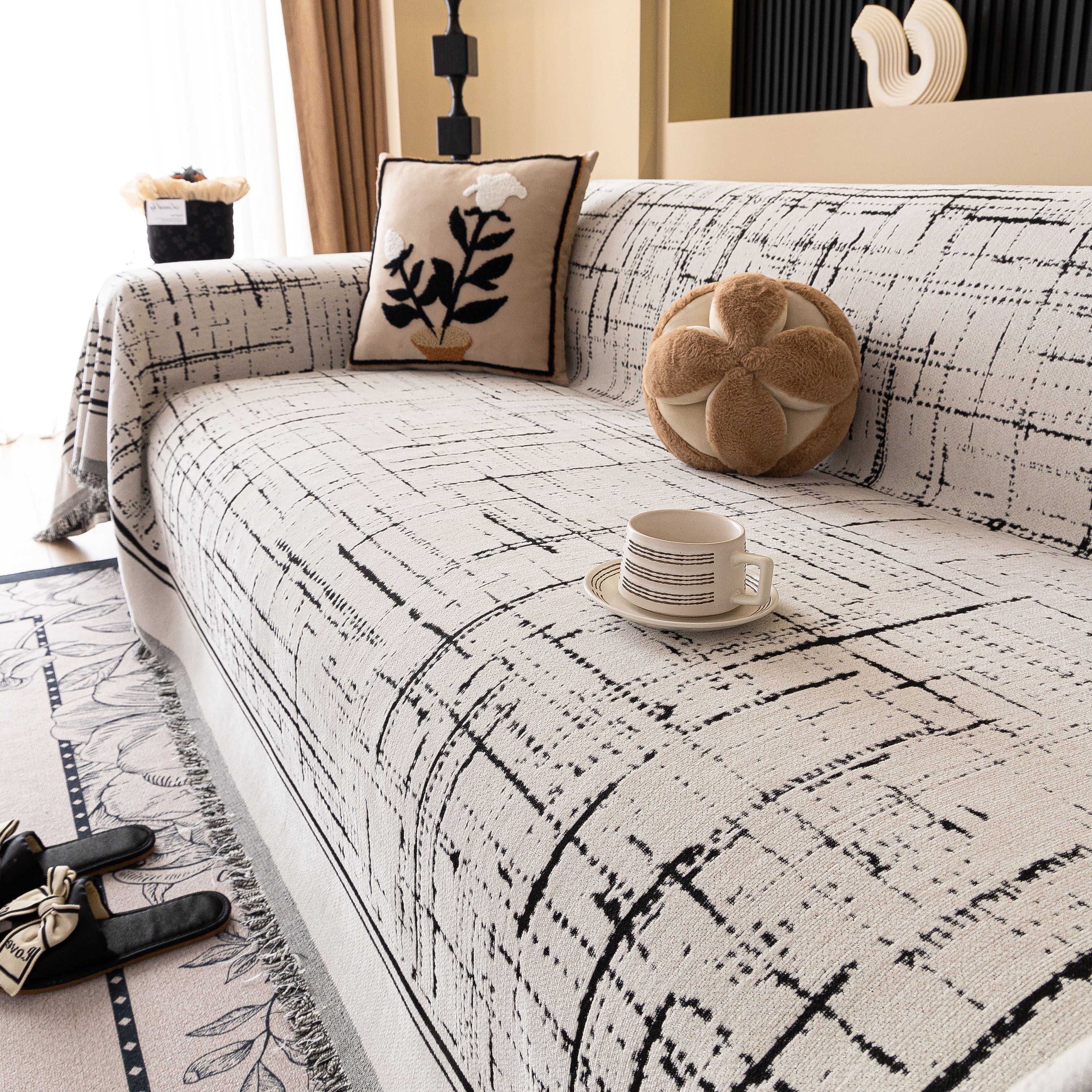 Modern Couch Protector Blanket Woven Chenille Sofa Cover Throw With Artistic Grid