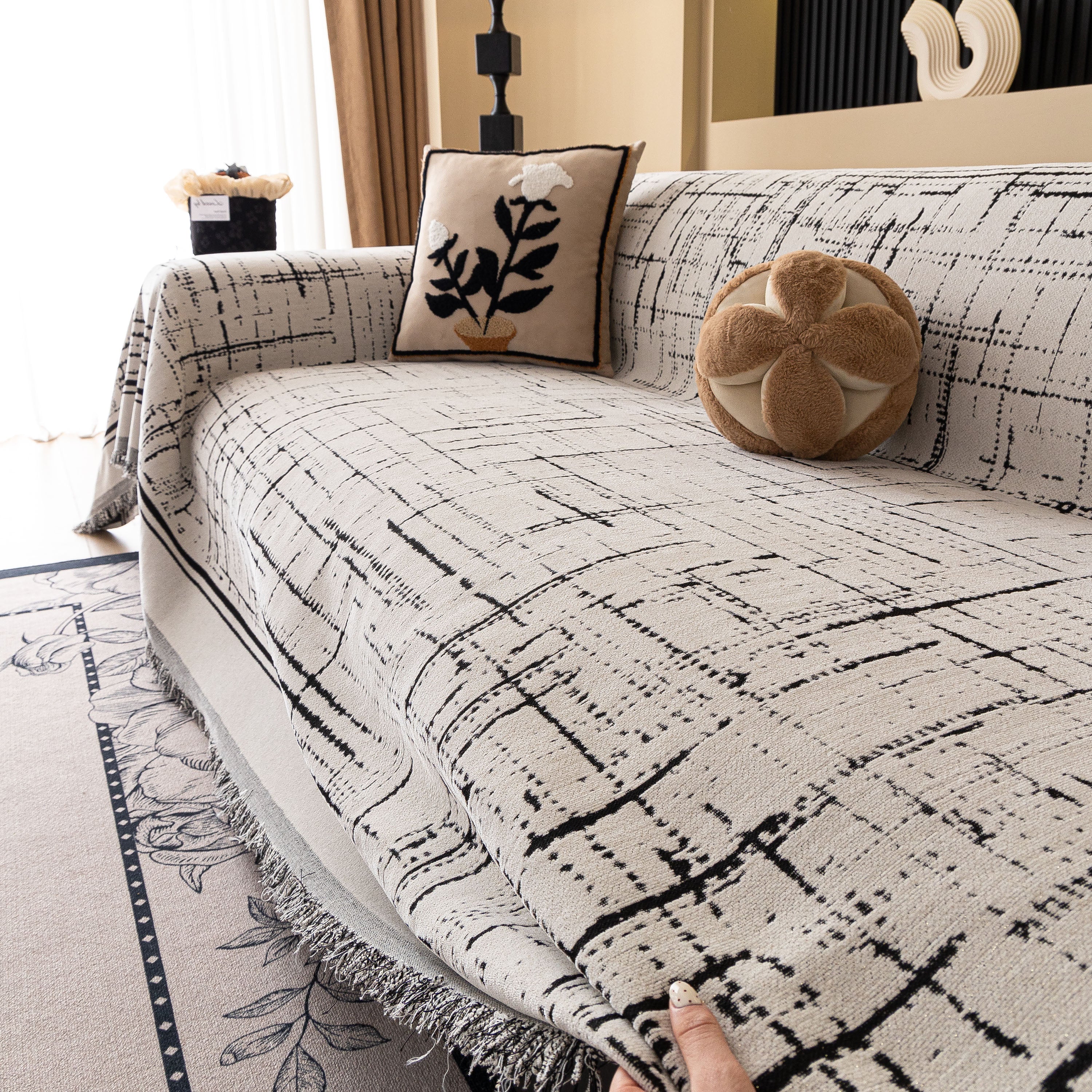 Modern Couch Protector Blanket Woven Chenille Sofa Cover Throw With Artistic Grid