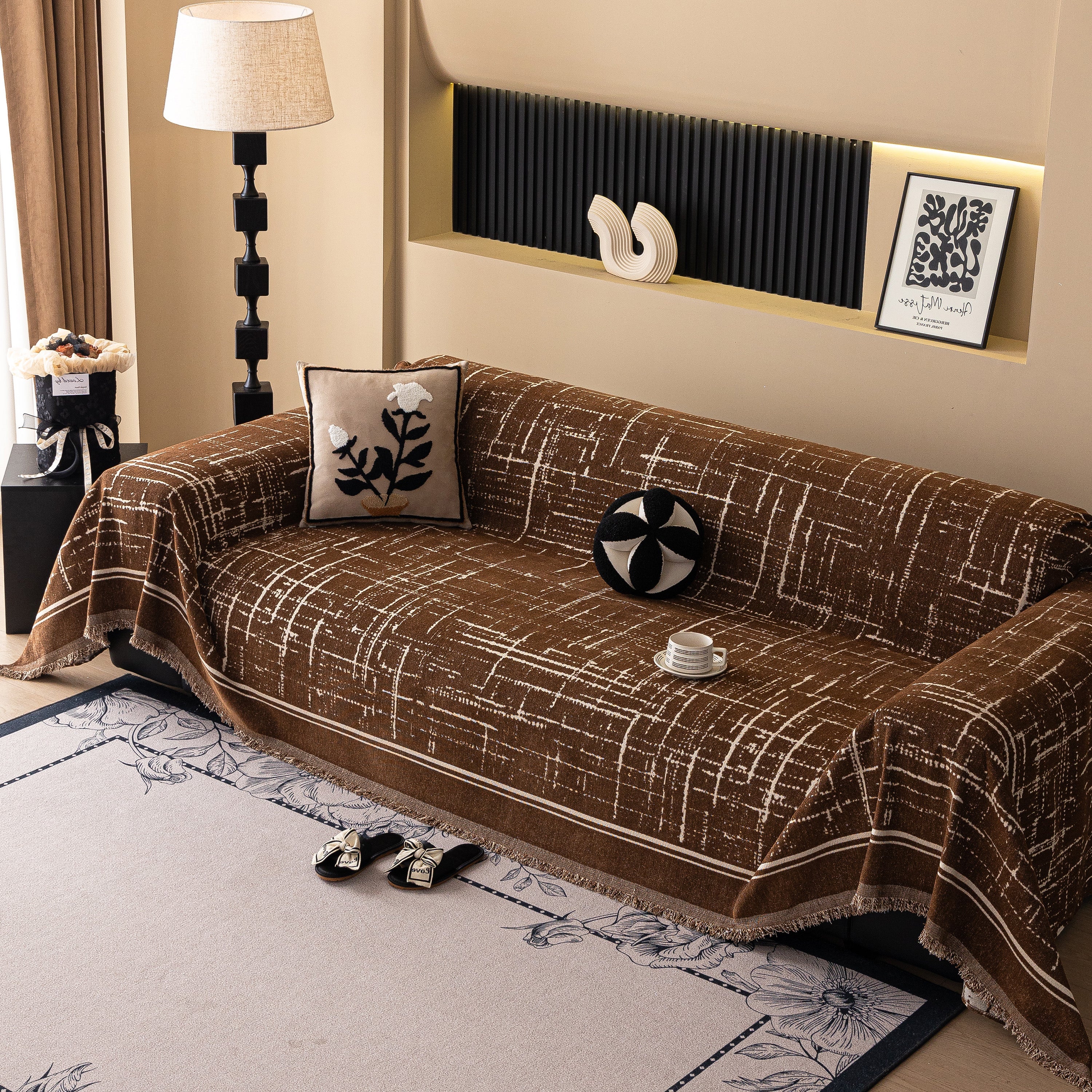 Modern Couch Protector Blanket Woven Chenille Sofa Cover Throw With Artistic Grid
