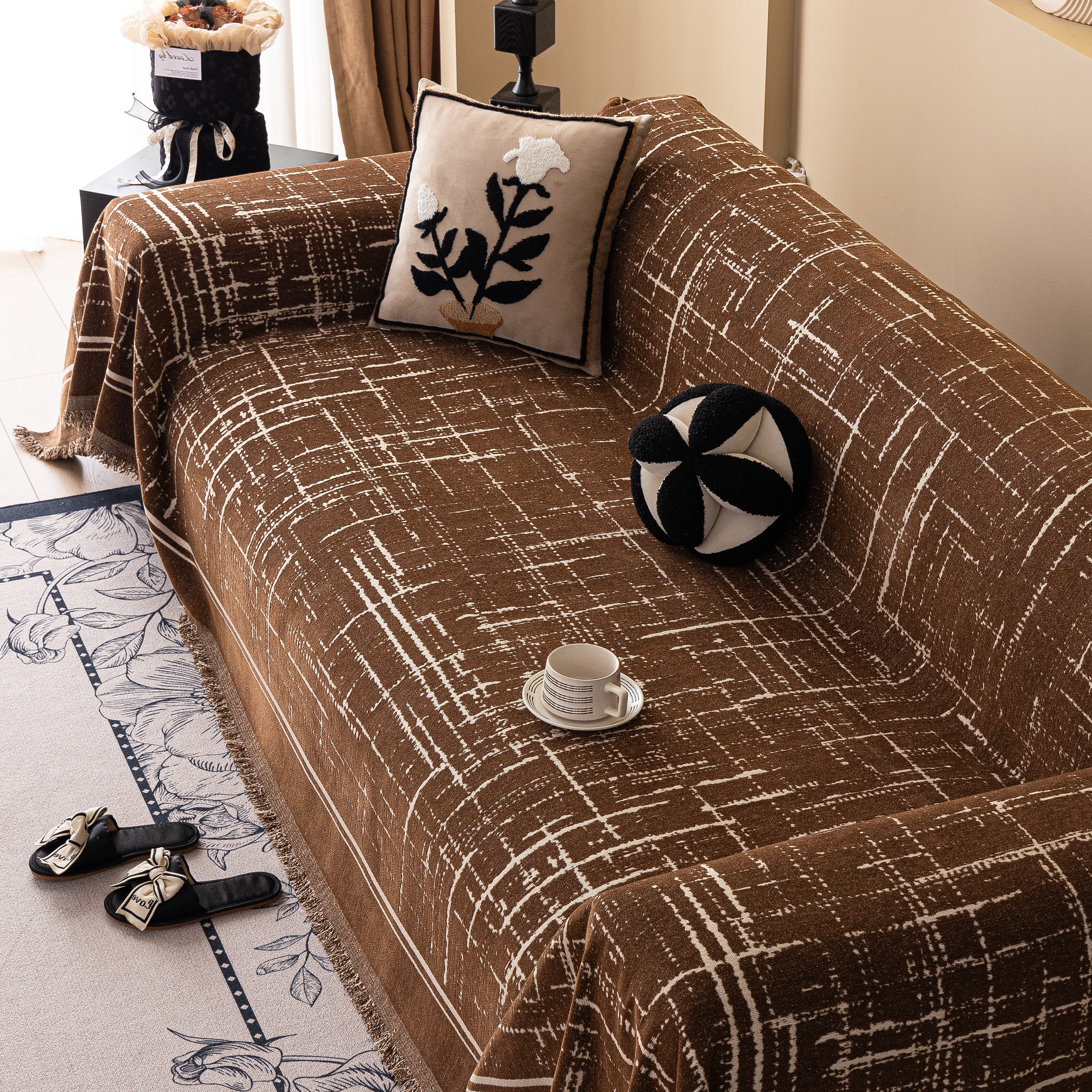 Modern Couch Protector Blanket Woven Chenille Sofa Cover Throw With Artistic Grid
