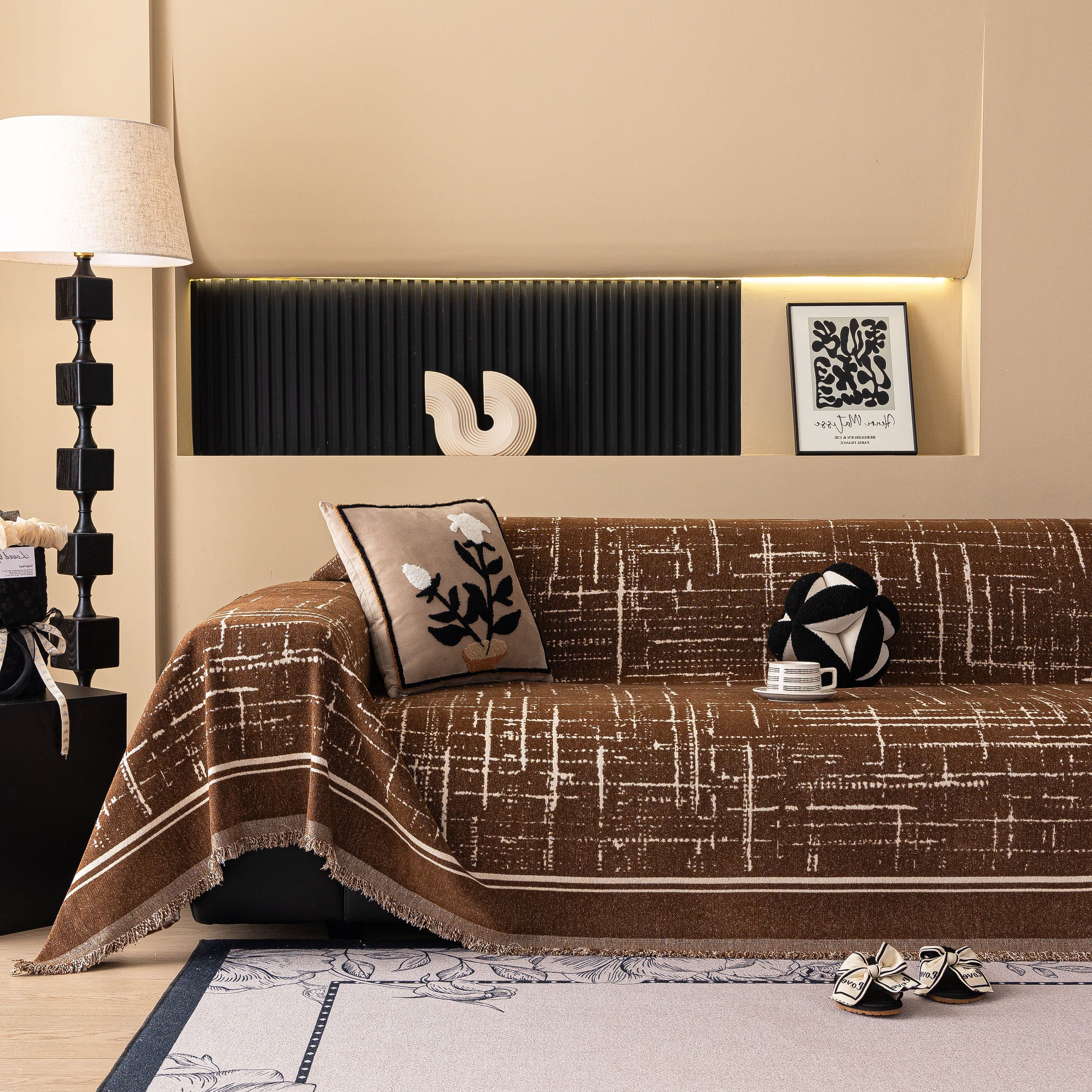 Modern Couch Protector Blanket Woven Chenille Sofa Cover Throw With Artistic Grid