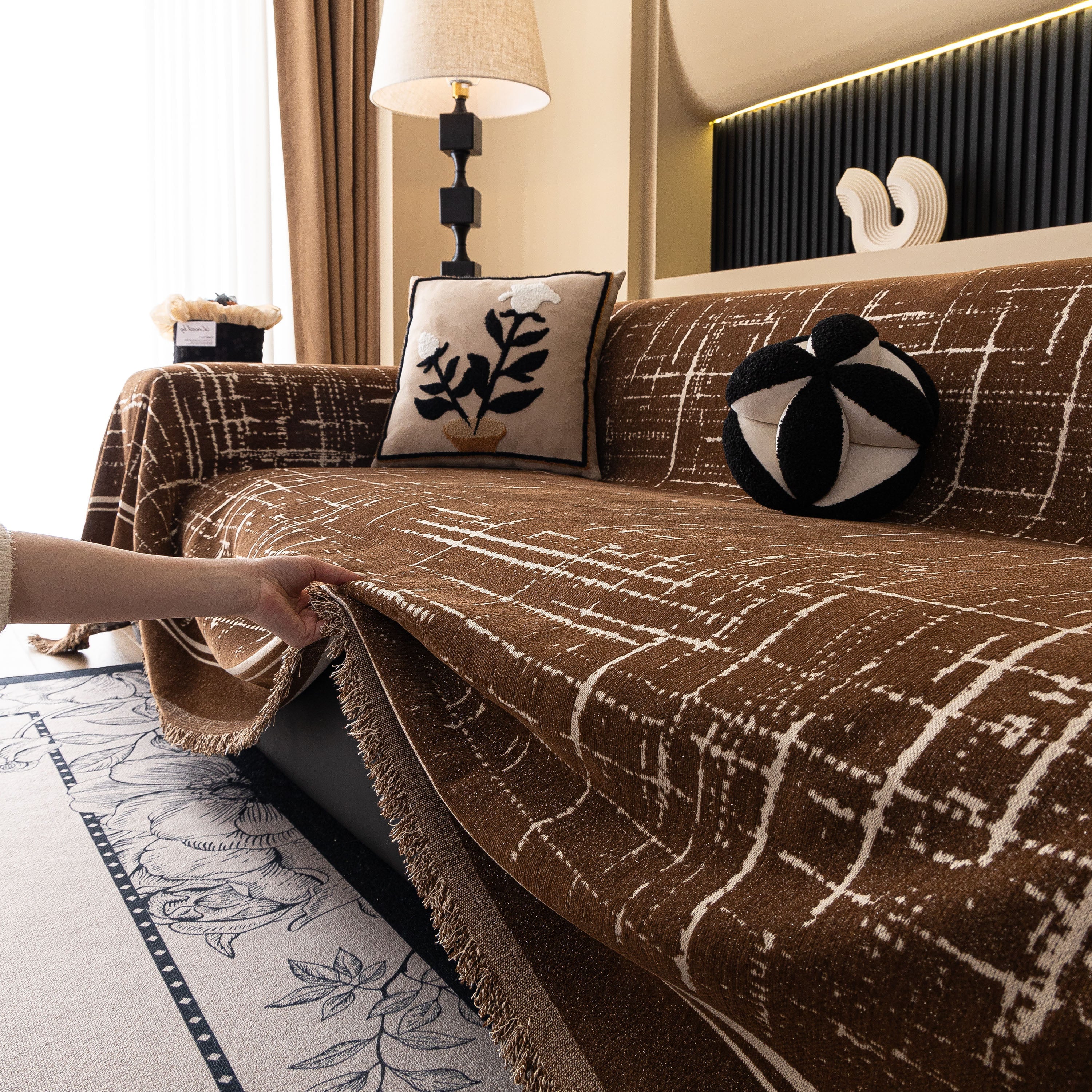 Modern Couch Protector Blanket Woven Chenille Sofa Cover Throw With Artistic Grid