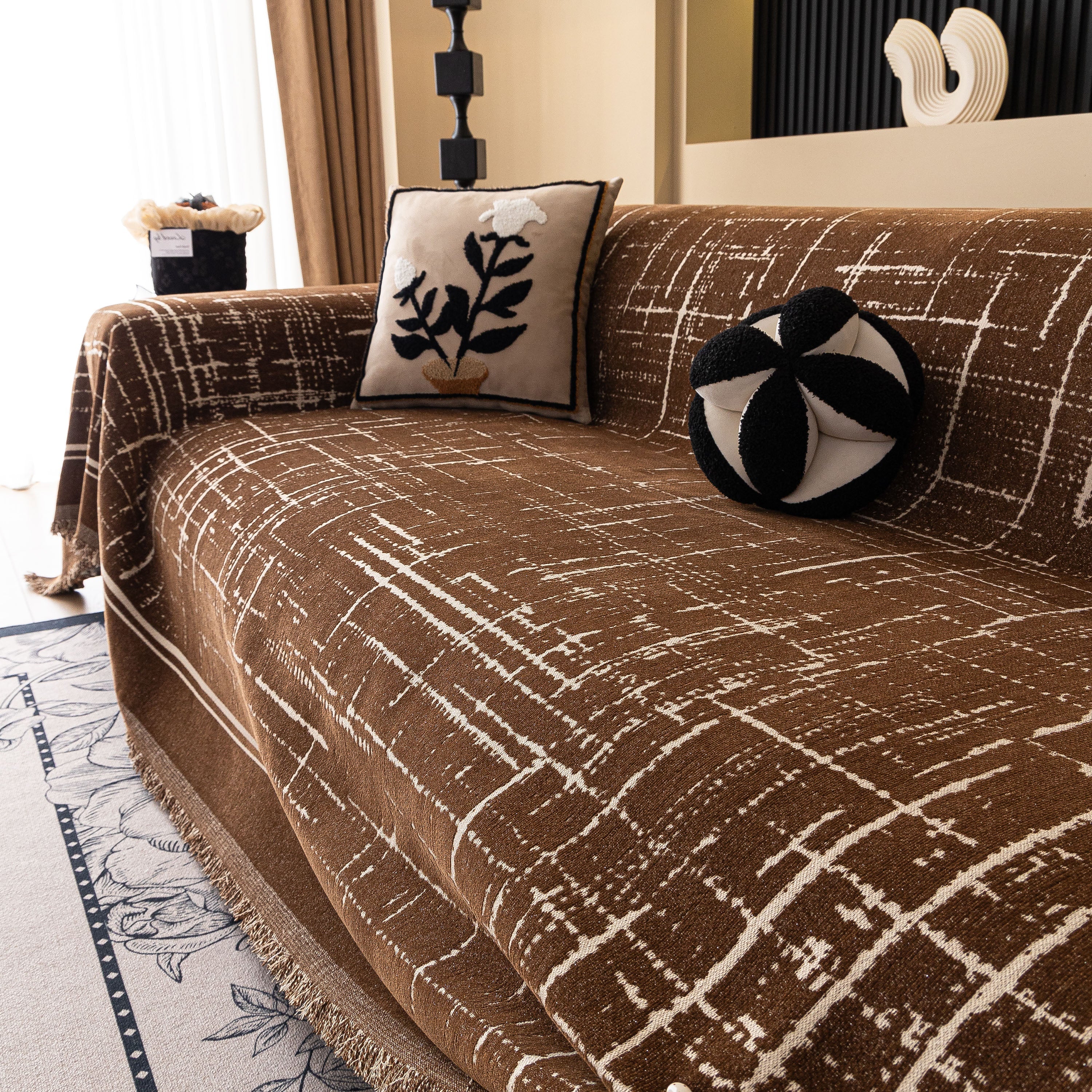 Modern Couch Protector Blanket Woven Chenille Sofa Cover Throw With Artistic Grid