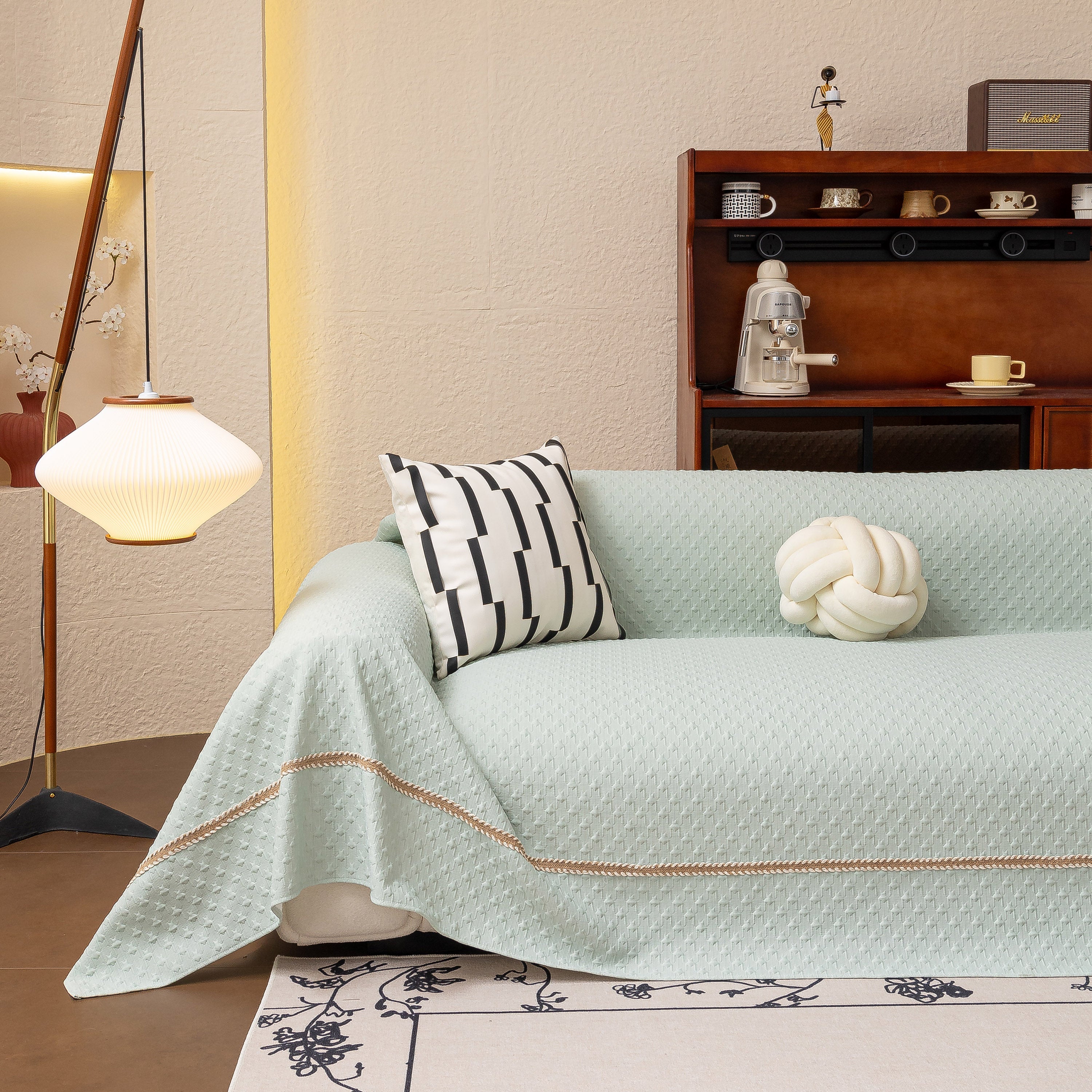 Jacquard Ice Silk Sofa Throw Cover With Gold Trim, Summer Cooling Couch Slipcover