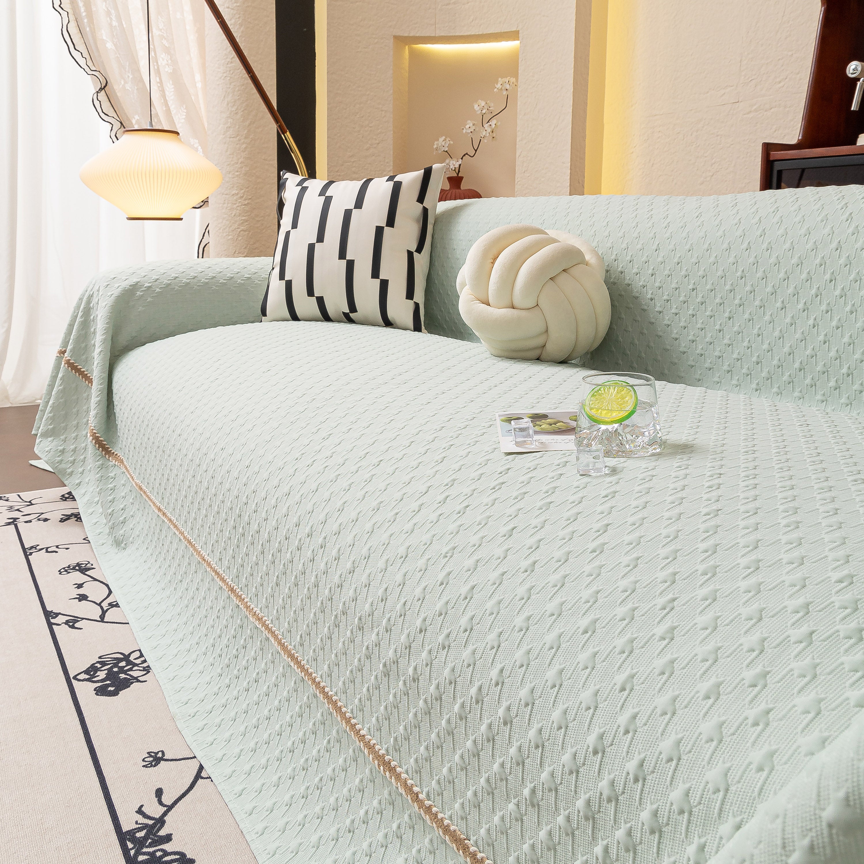 Jacquard Ice Silk Sofa Throw Cover With Gold Trim, Summer Cooling Couch Slipcover