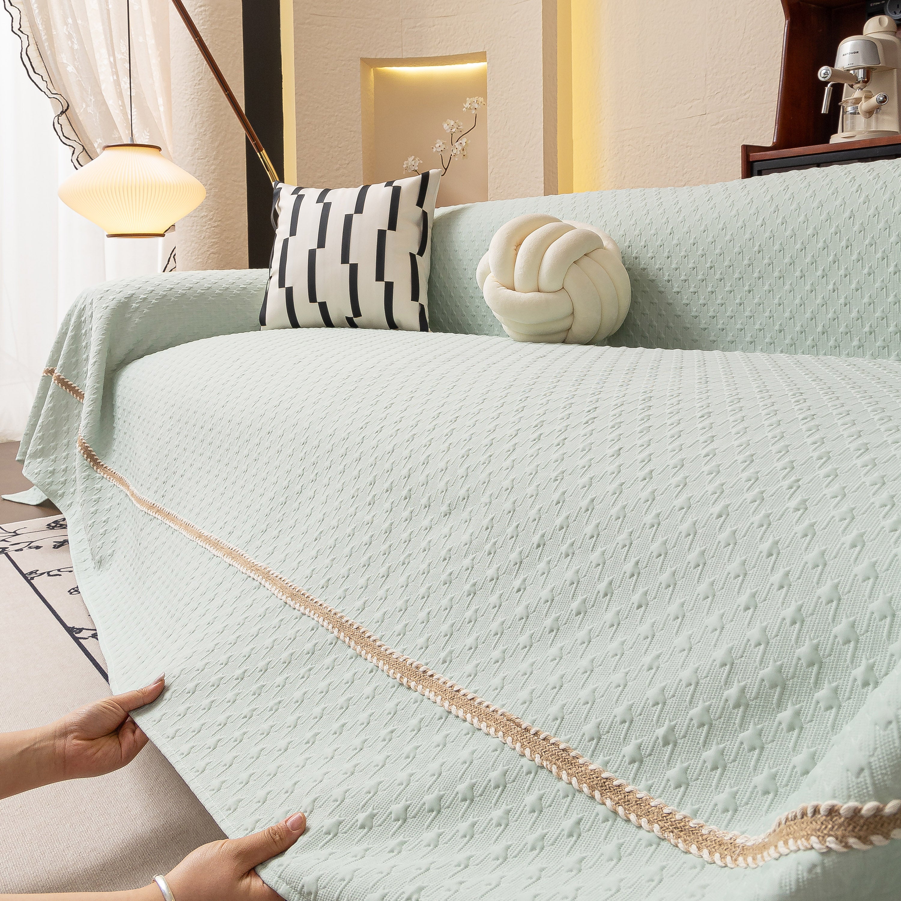 Jacquard Ice Silk Sofa Throw Cover With Gold Trim, Summer Cooling Couch Slipcover