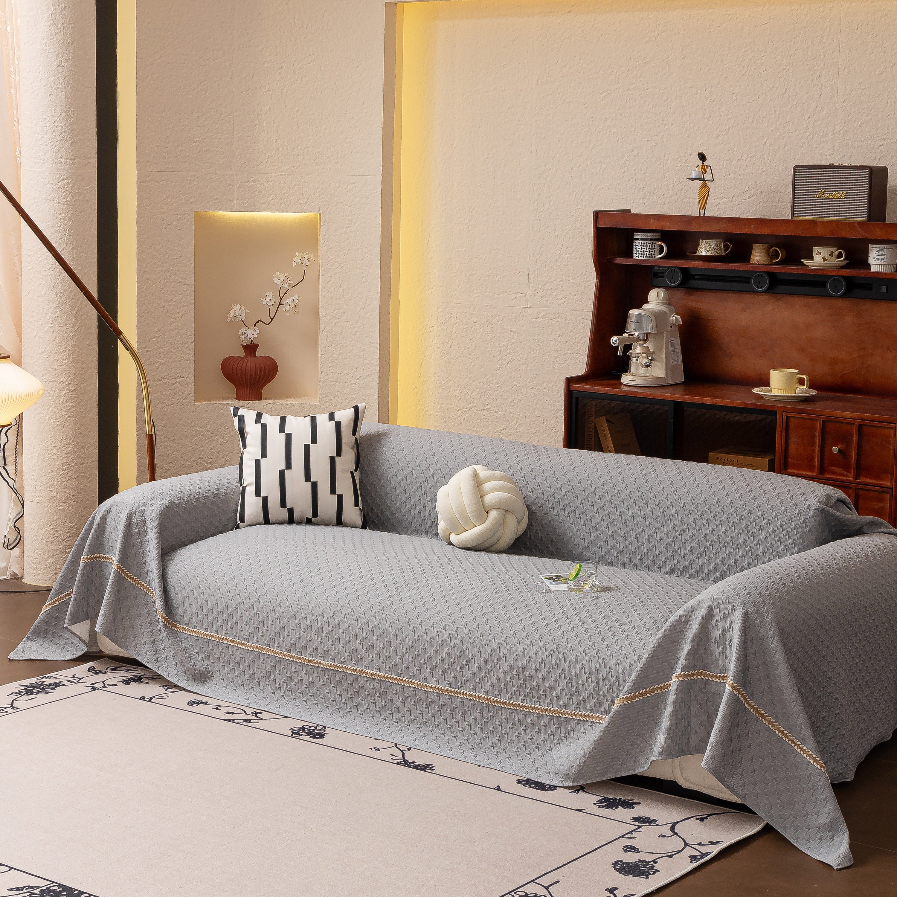 Jacquard Ice Silk Sofa Throw Cover With Gold Trim, Summer Cooling Couch Slipcover
