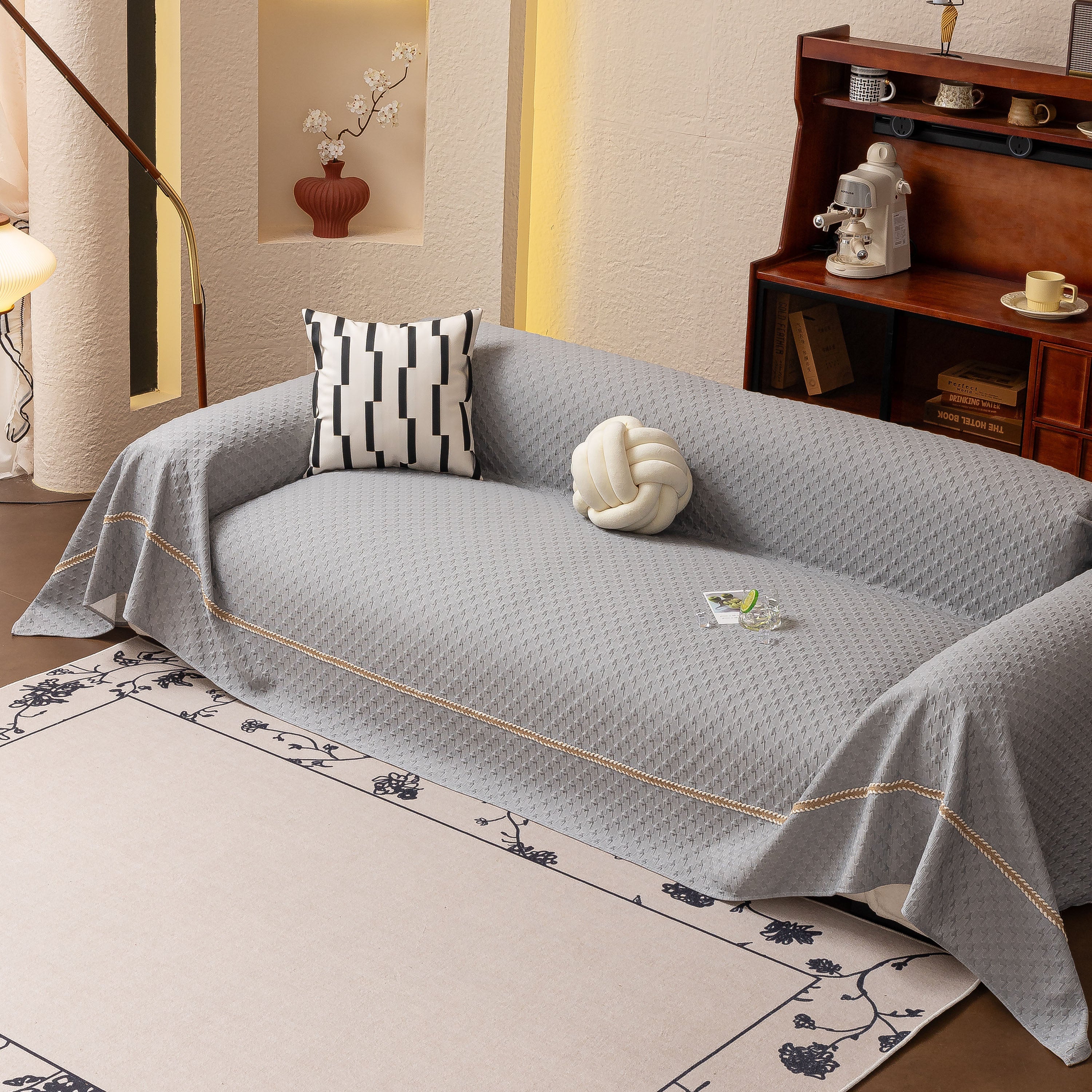 Jacquard Ice Silk Sofa Throw Cover With Gold Trim, Summer Cooling Couch Slipcover