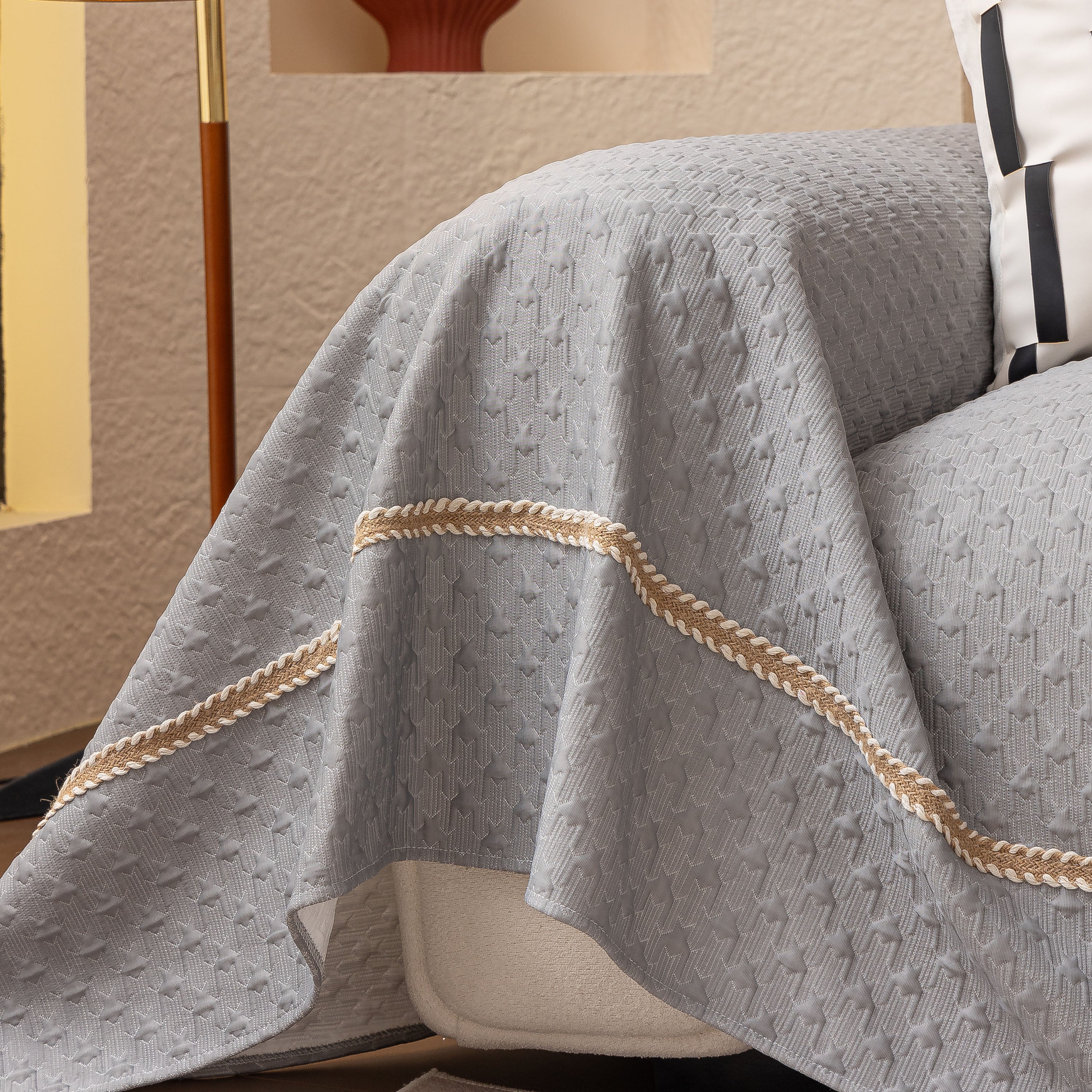 Jacquard Ice Silk Sofa Throw Cover With Gold Trim, Summer Cooling Couch Slipcover