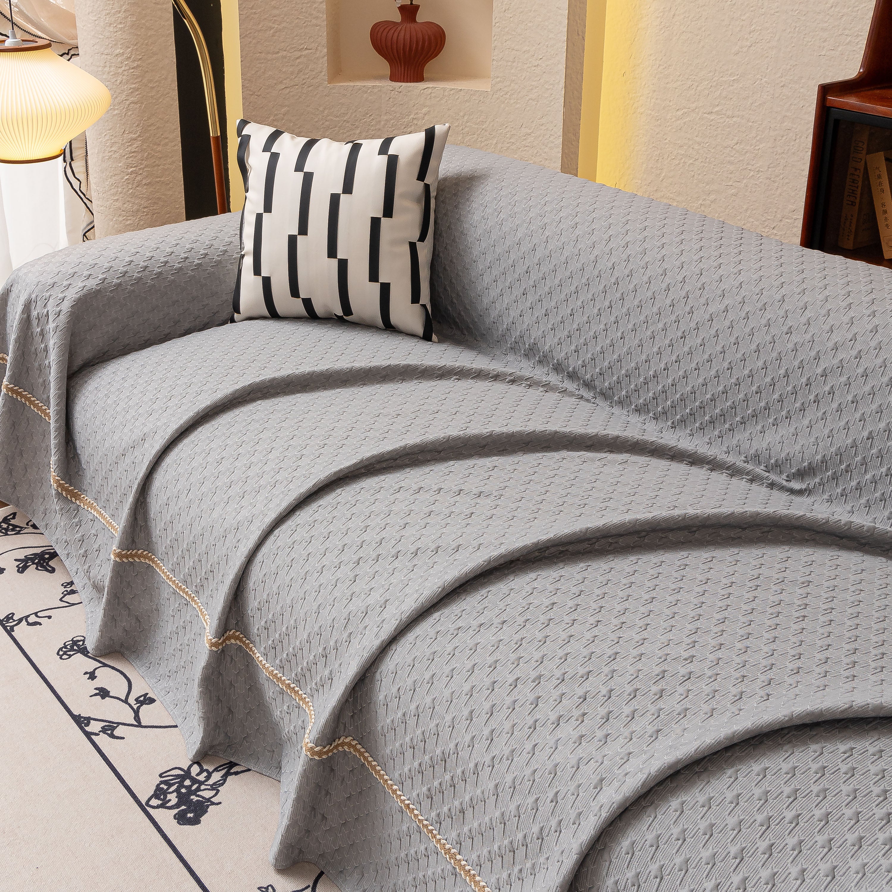 Jacquard Ice Silk Sofa Throw Cover With Gold Trim, Summer Cooling Couch Slipcover