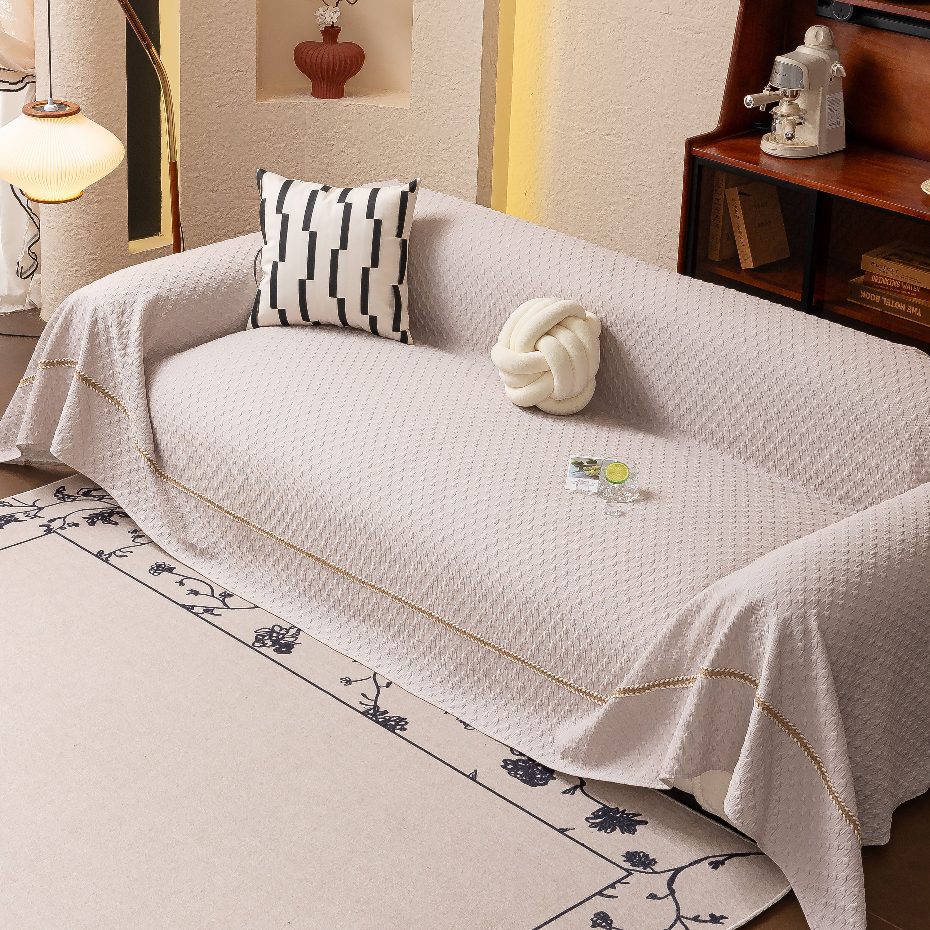 Jacquard Ice Silk Sofa Throw Cover With Gold Trim, Summer Cooling Couch Slipcover