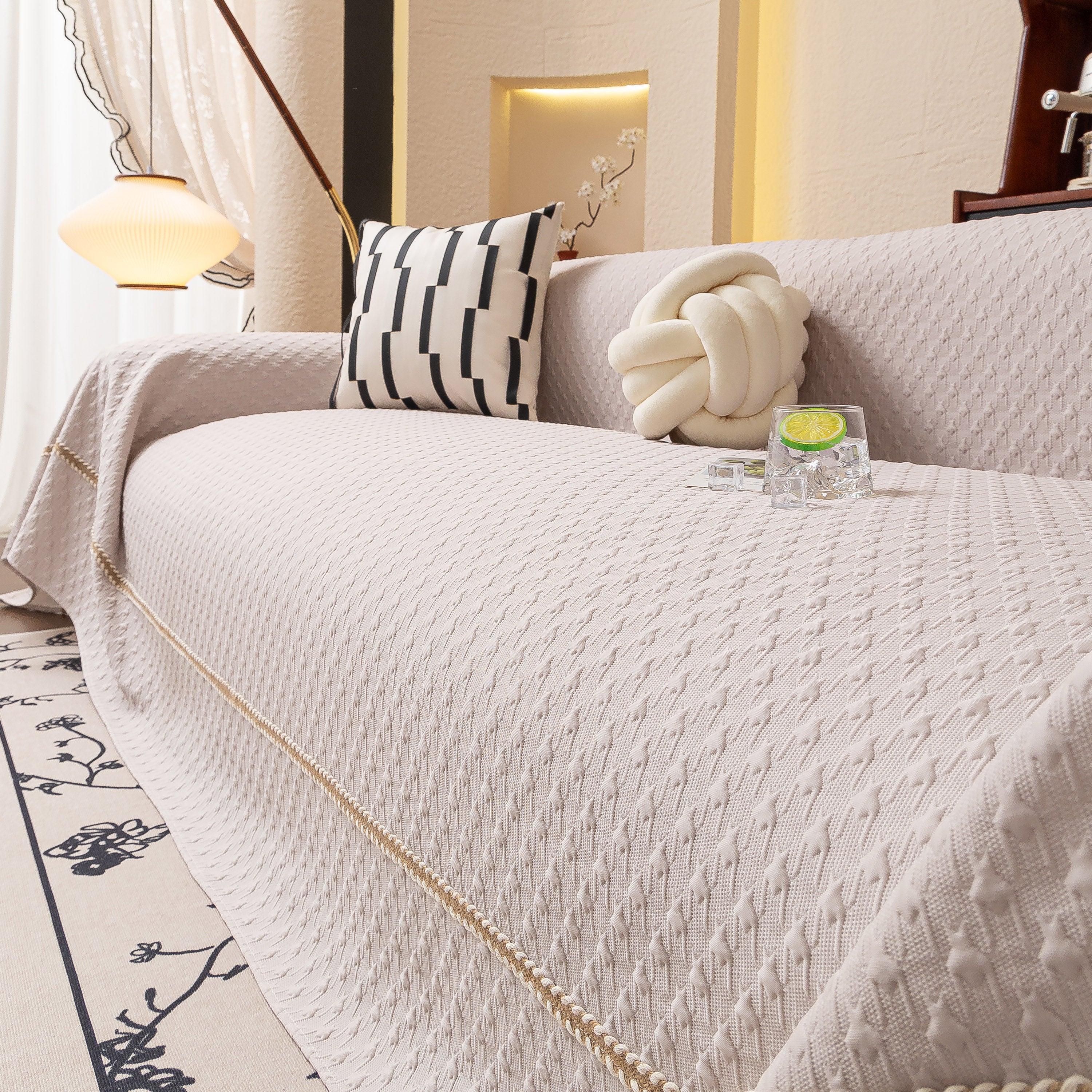 Jacquard Ice Silk Sofa Throw Cover With Gold Trim, Summer Cooling Couch Slipcover