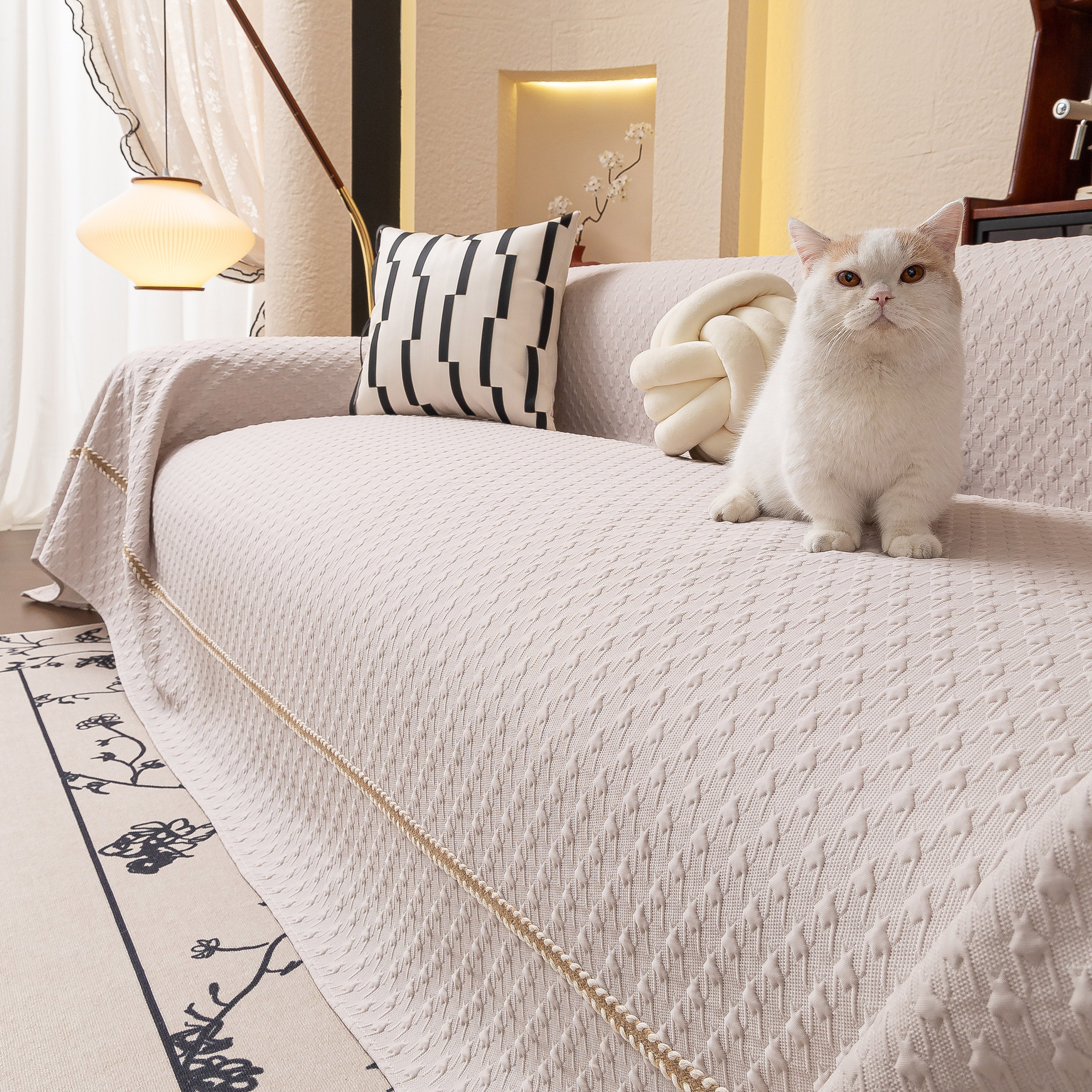 Jacquard Ice Silk Sofa Throw Cover With Gold Trim, Summer Cooling Couch Slipcover