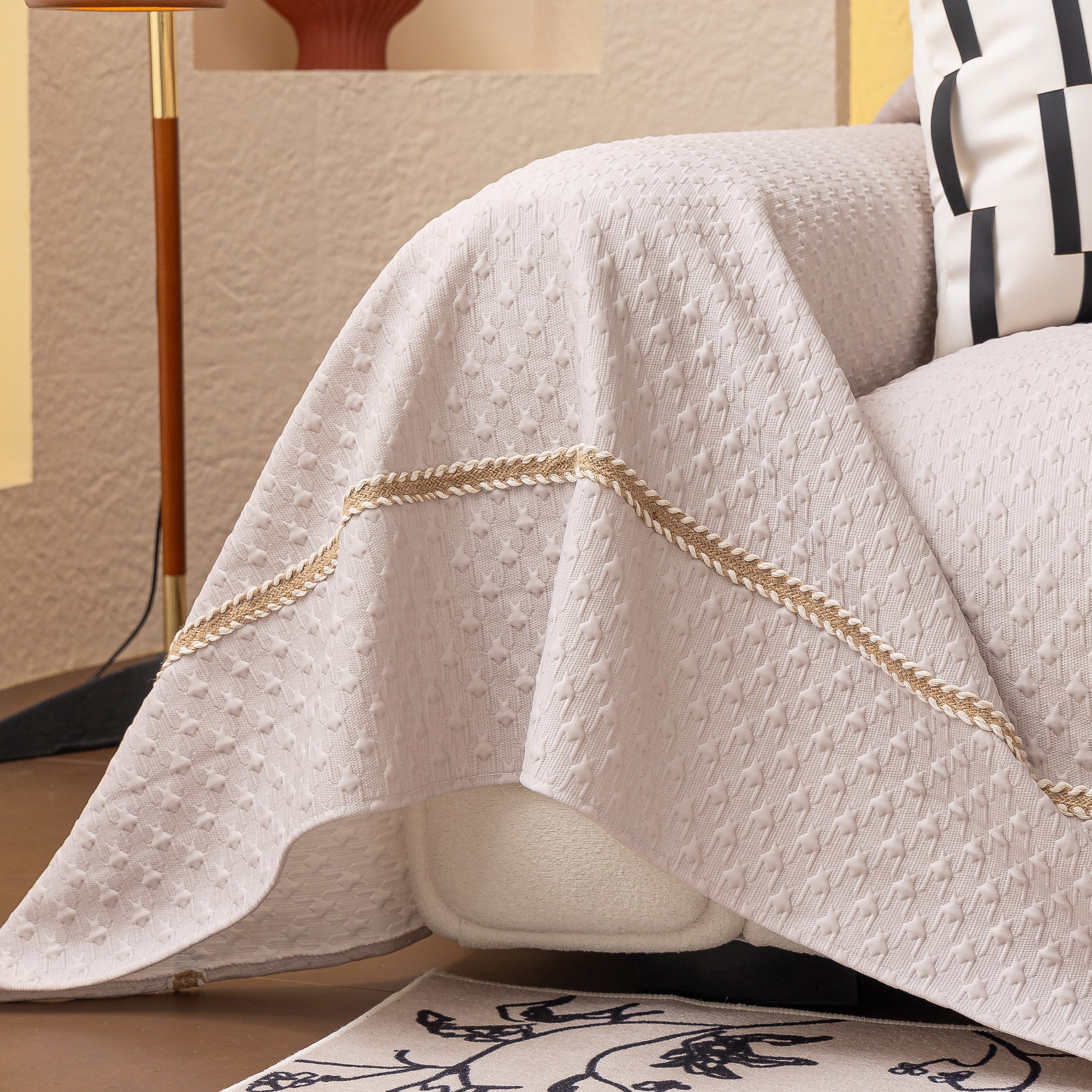 Jacquard Ice Silk Sofa Throw Cover With Gold Trim, Summer Cooling Couch Slipcover