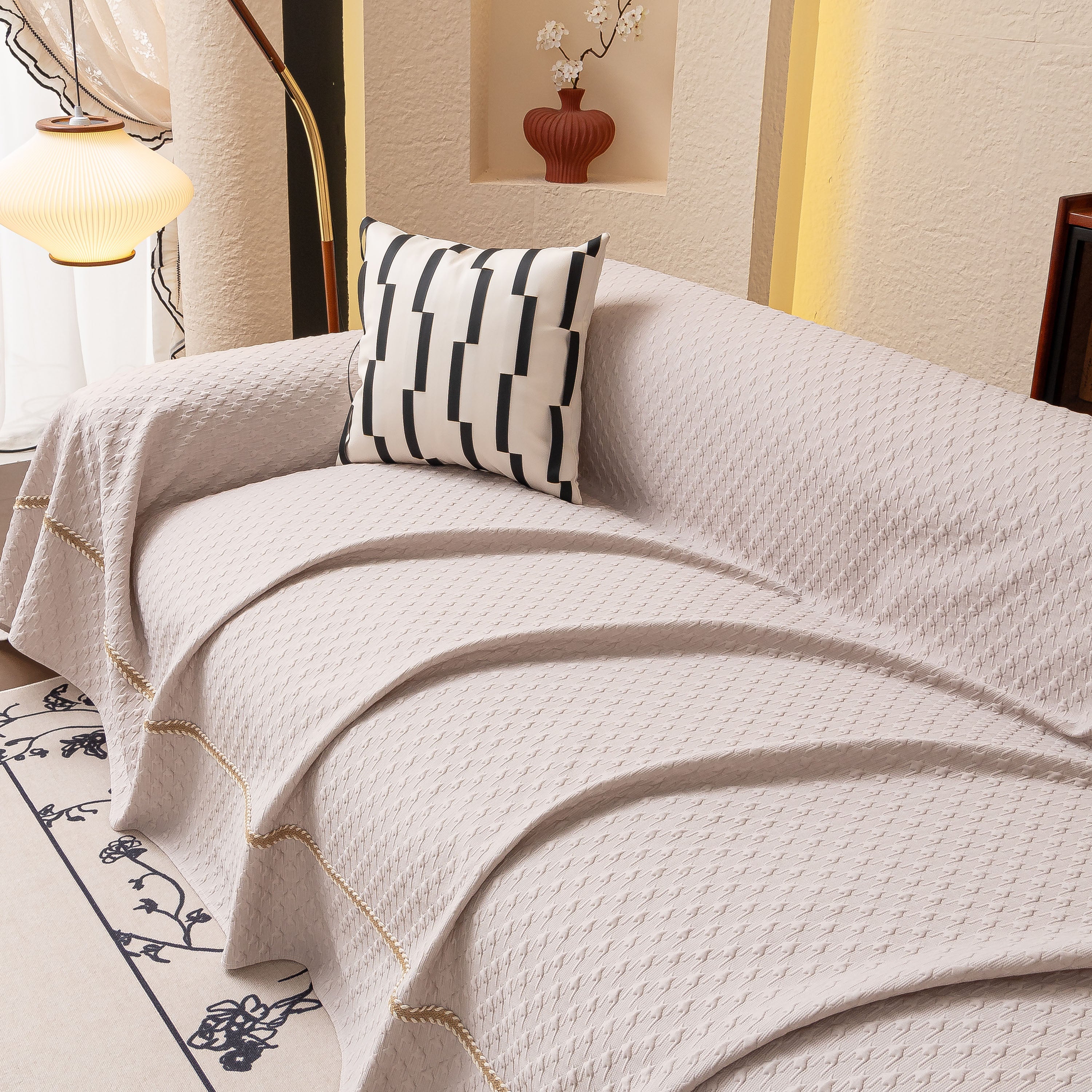 Jacquard Ice Silk Sofa Throw Cover With Gold Trim, Summer Cooling Couch Slipcover