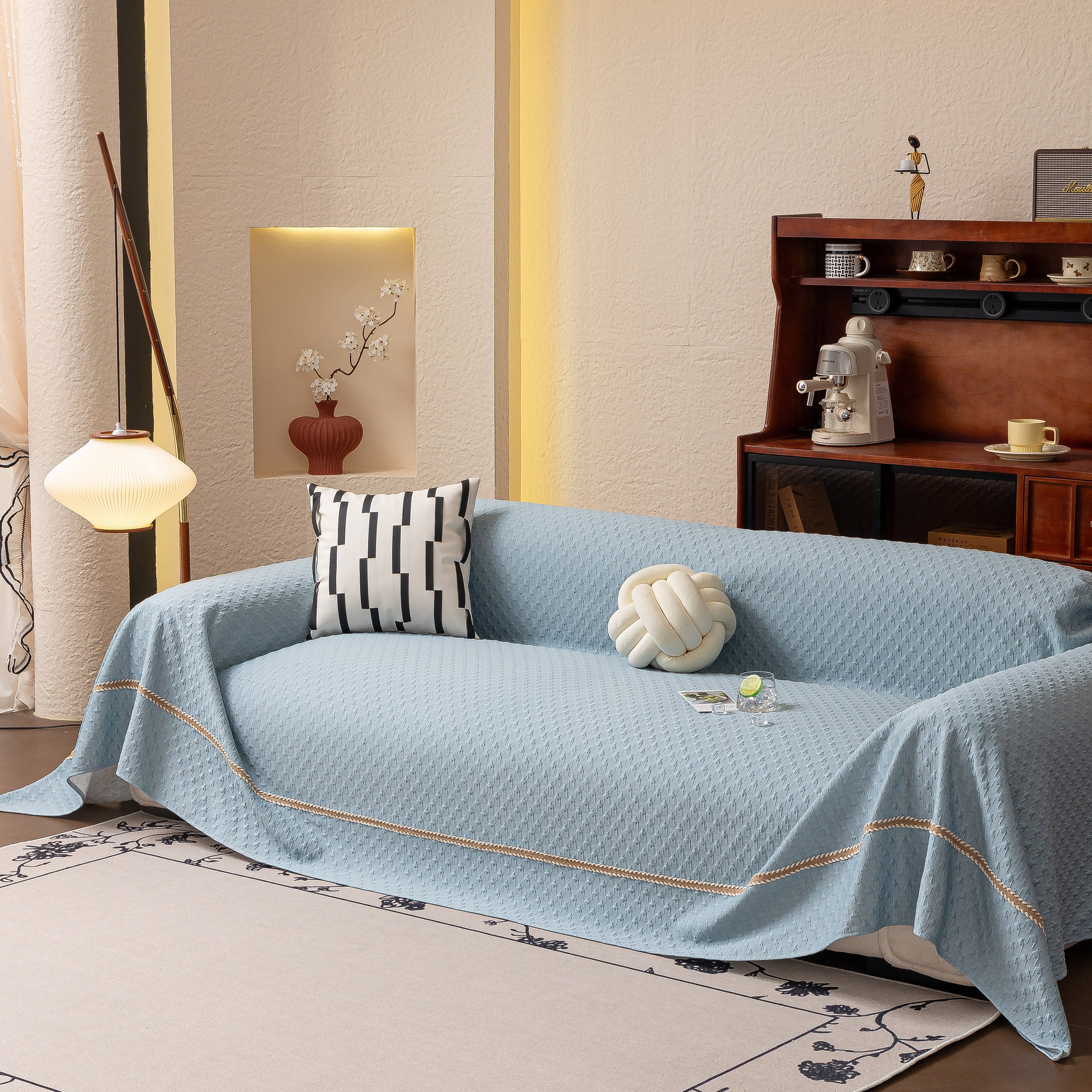 Jacquard Ice Silk Sofa Throw Cover With Gold Trim, Summer Cooling Couch Slipcover