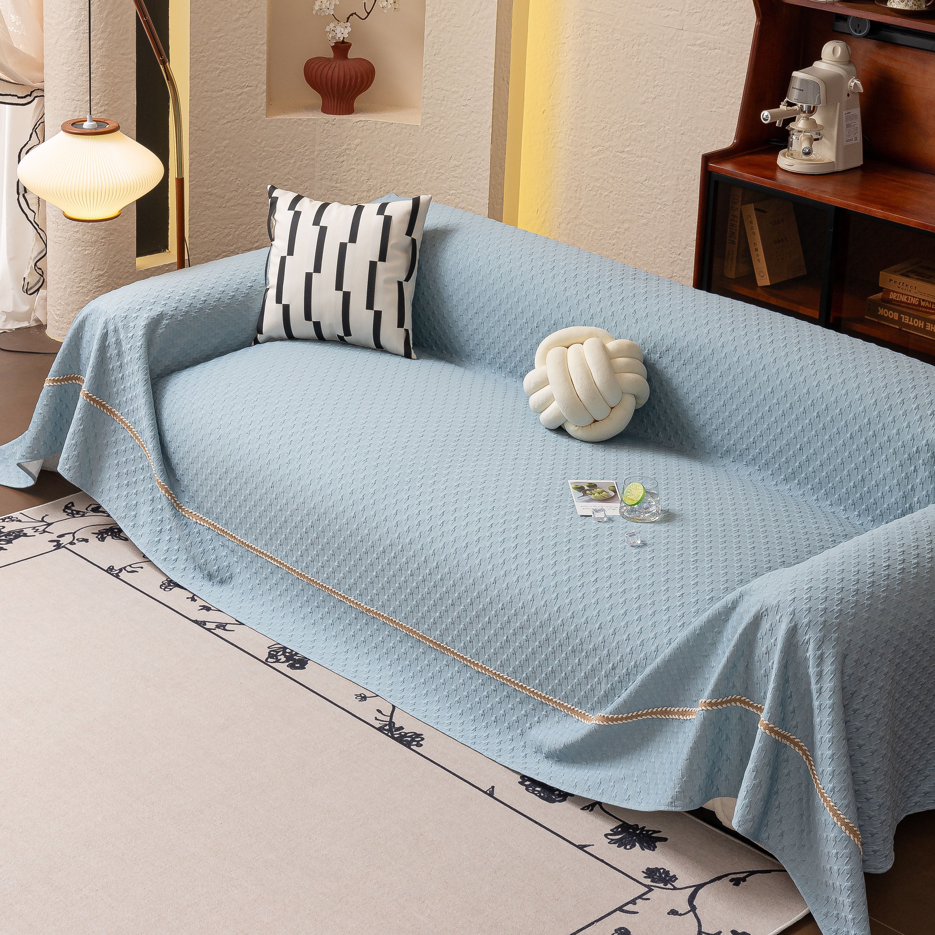 Jacquard Ice Silk Sofa Throw Cover With Gold Trim, Summer Cooling Couch Slipcover