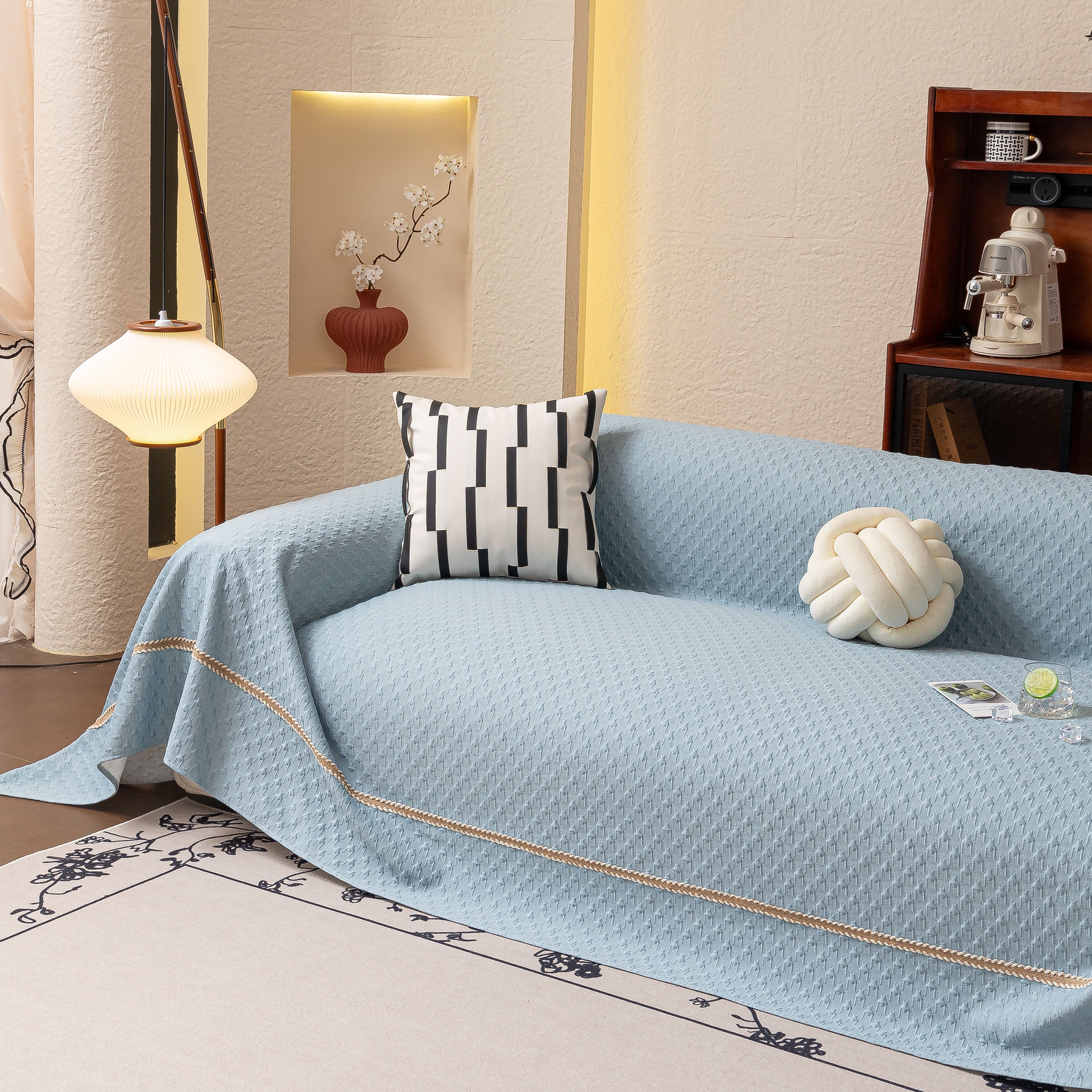 Jacquard Ice Silk Sofa Throw Cover With Gold Trim, Summer Cooling Couch Slipcover
