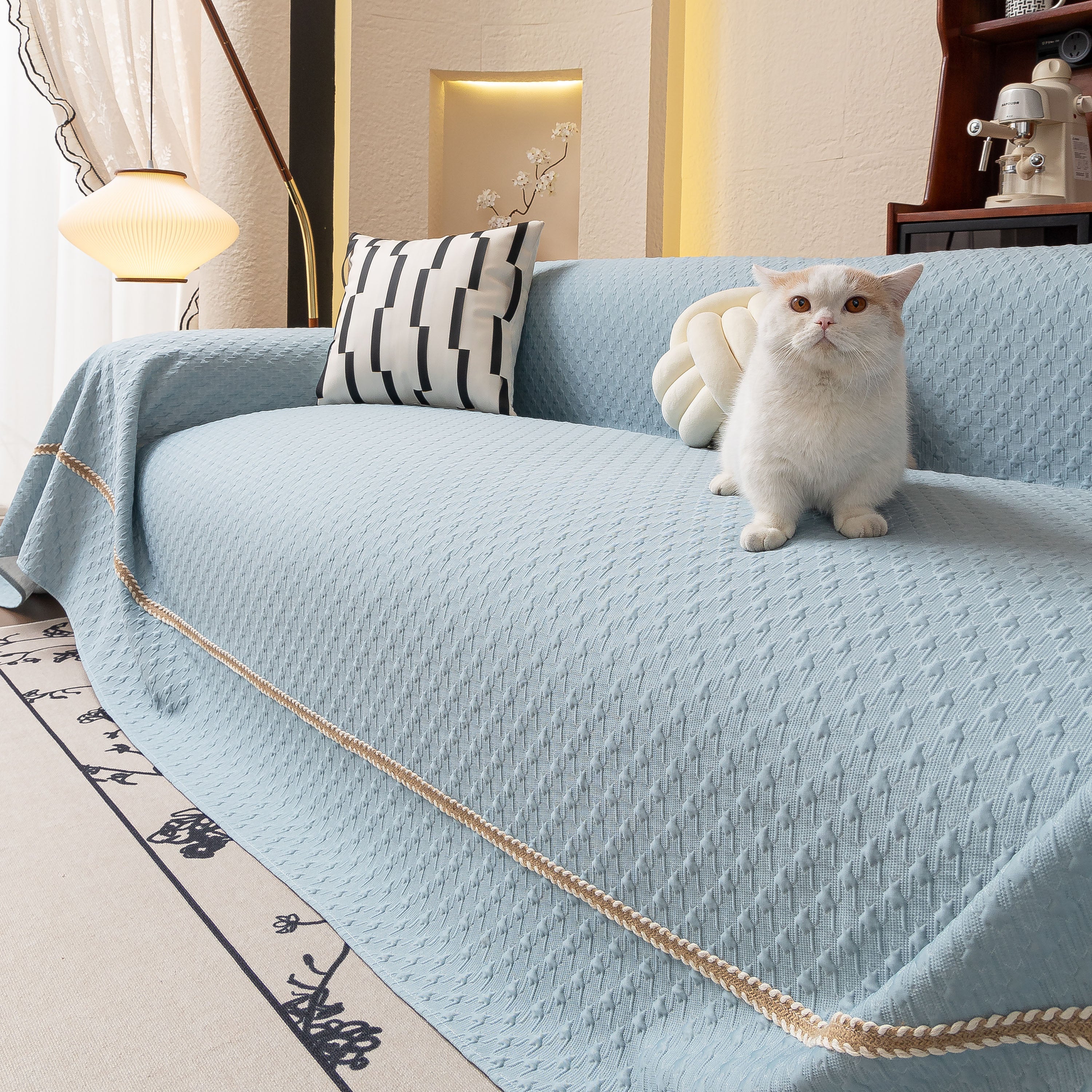 Jacquard Ice Silk Sofa Throw Cover With Gold Trim, Summer Cooling Couch Slipcover