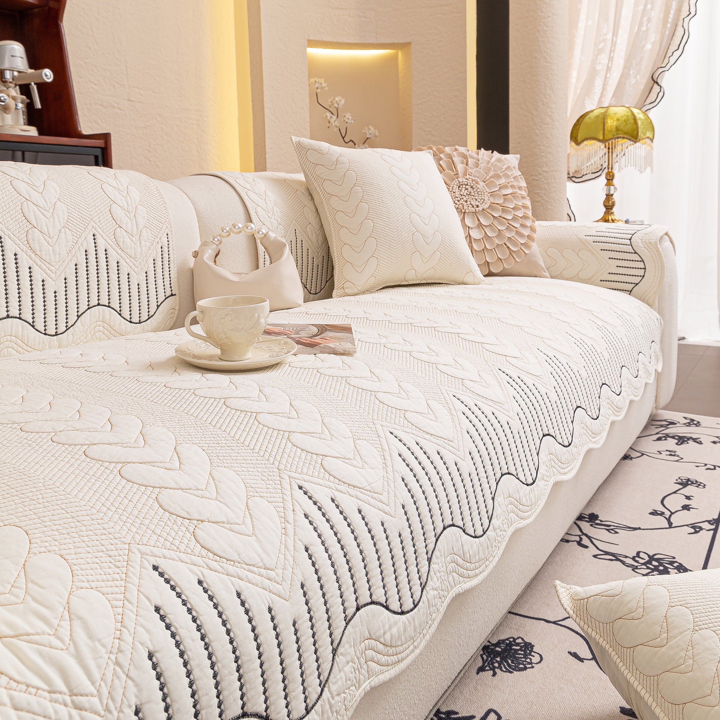 3d Quilted Thick Cotton Sofa Cover Non-slip Couch Throw For Fabric & Leather Sofas