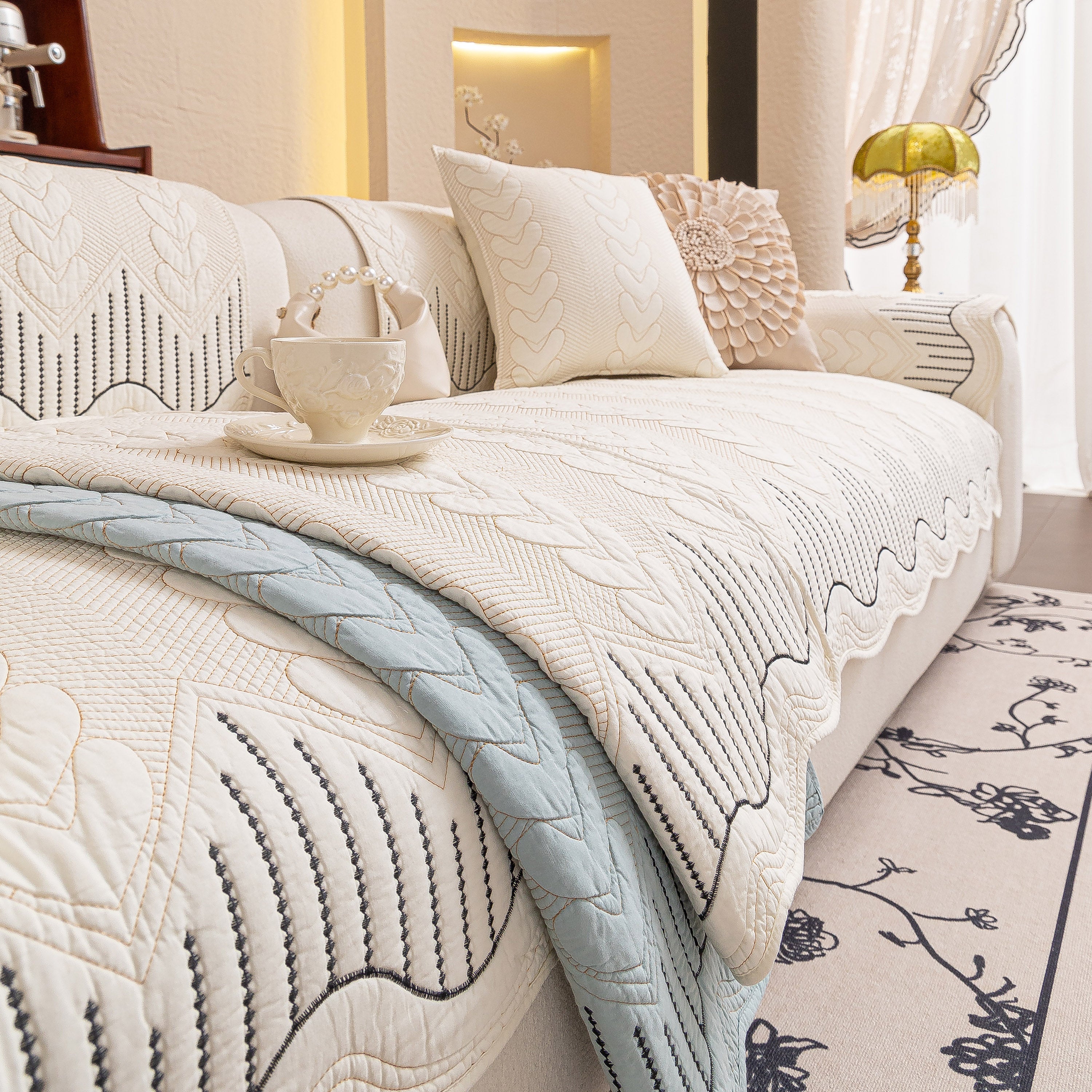 3d Quilted Thick Cotton Sofa Cover Non-slip Couch Throw For Fabric & Leather Sofas