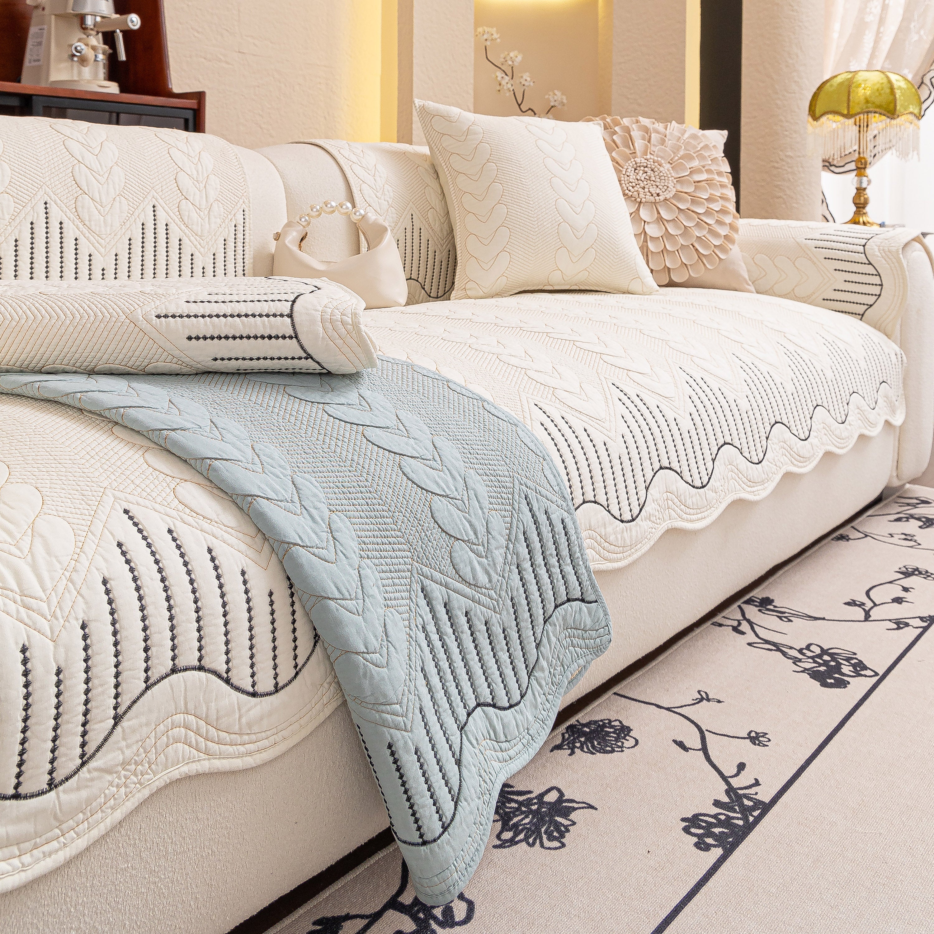 3d Quilted Thick Cotton Sofa Cover Non-slip Couch Throw For Fabric & Leather Sofas