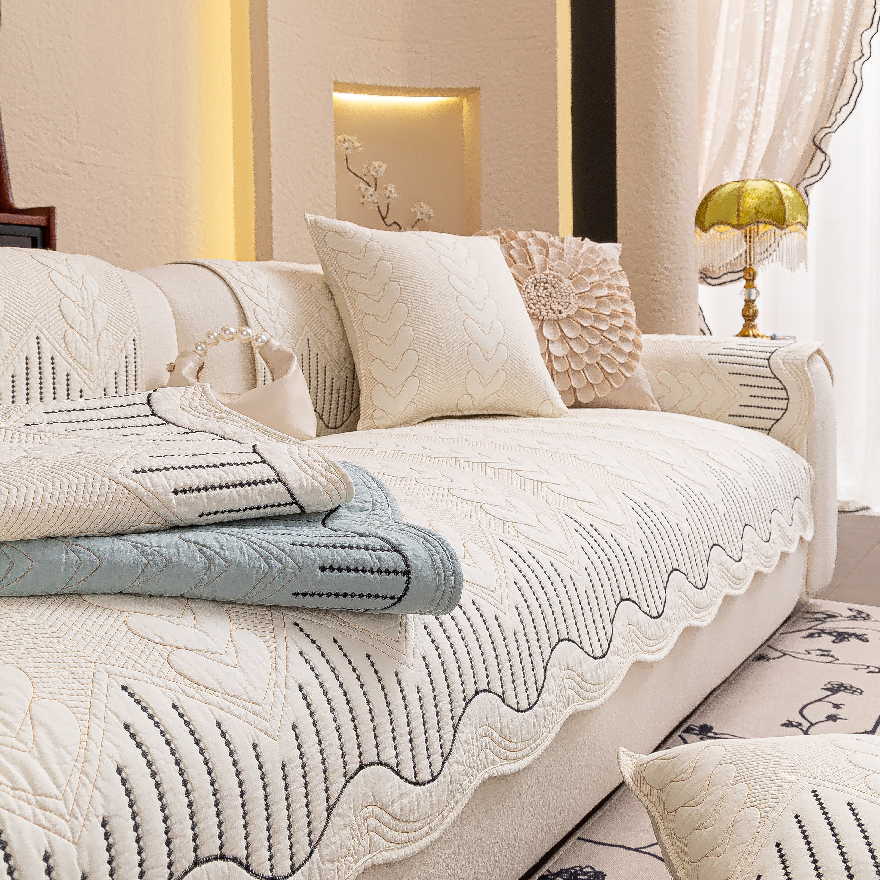 3d Quilted Thick Cotton Sofa Cover Non-slip Couch Throw For Fabric & Leather Sofas