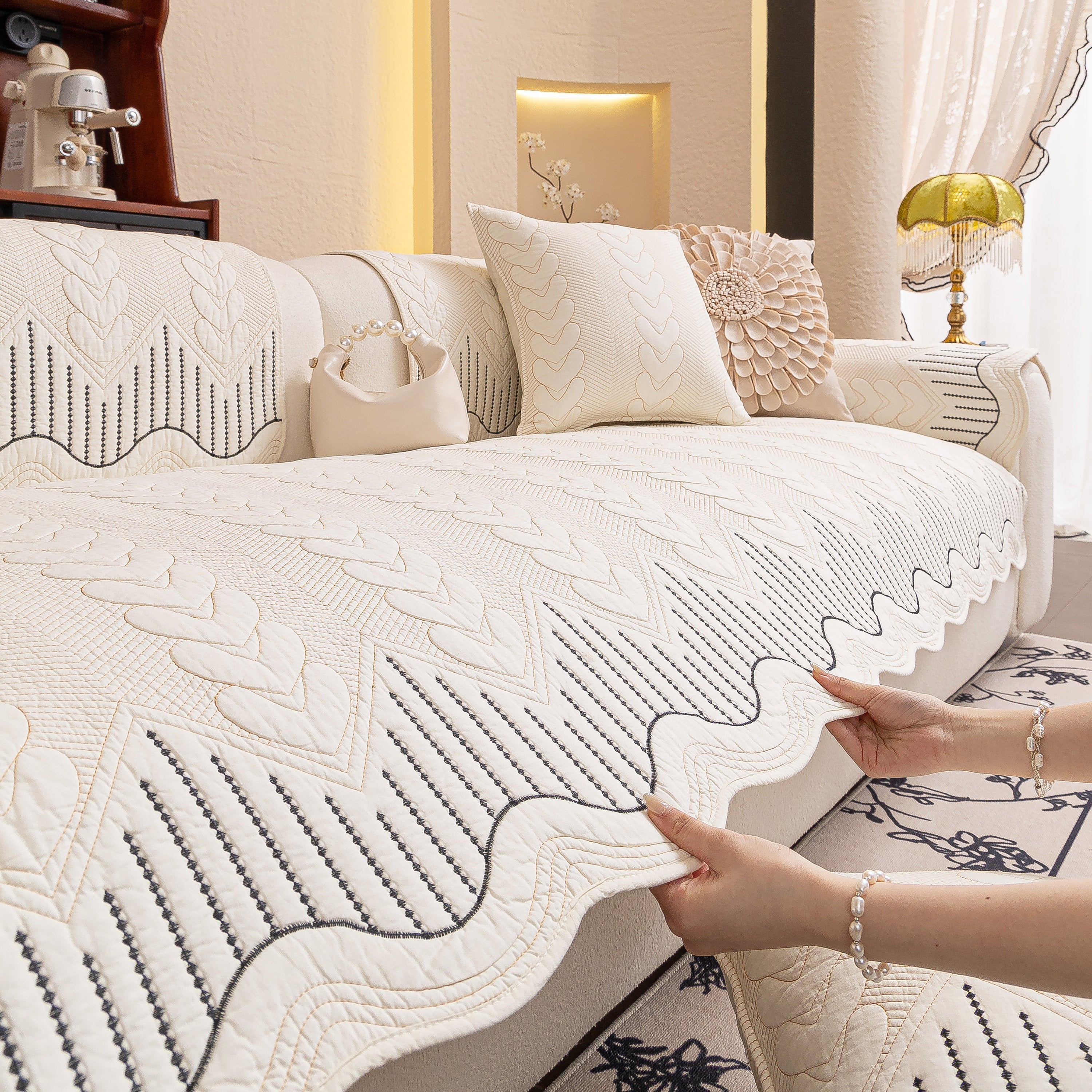3d Quilted Thick Cotton Sofa Cover Non-slip Couch Throw For Fabric & Leather Sofas